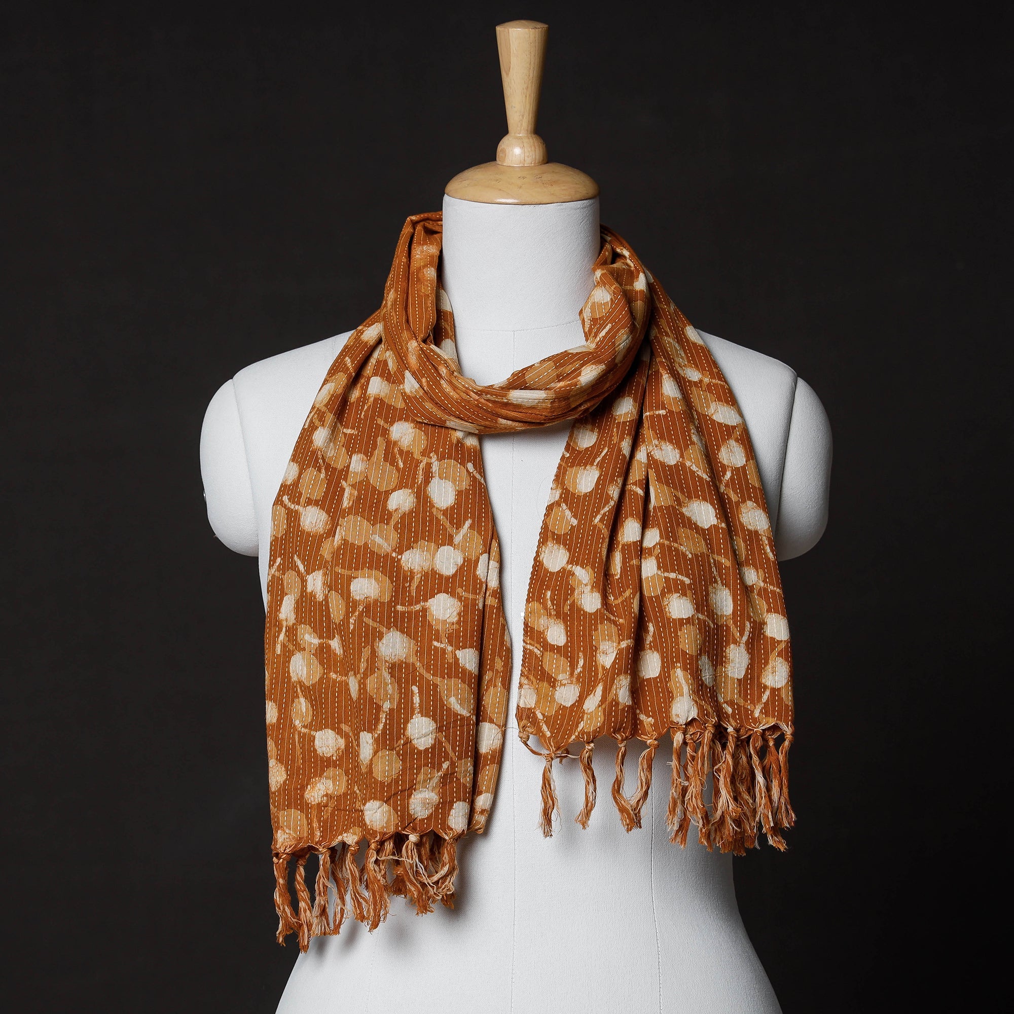 ARTISAN HAND BLOCK PRINTS Brown - Hand Block Printing Kantha Stitch Cotton Stole with Tassels