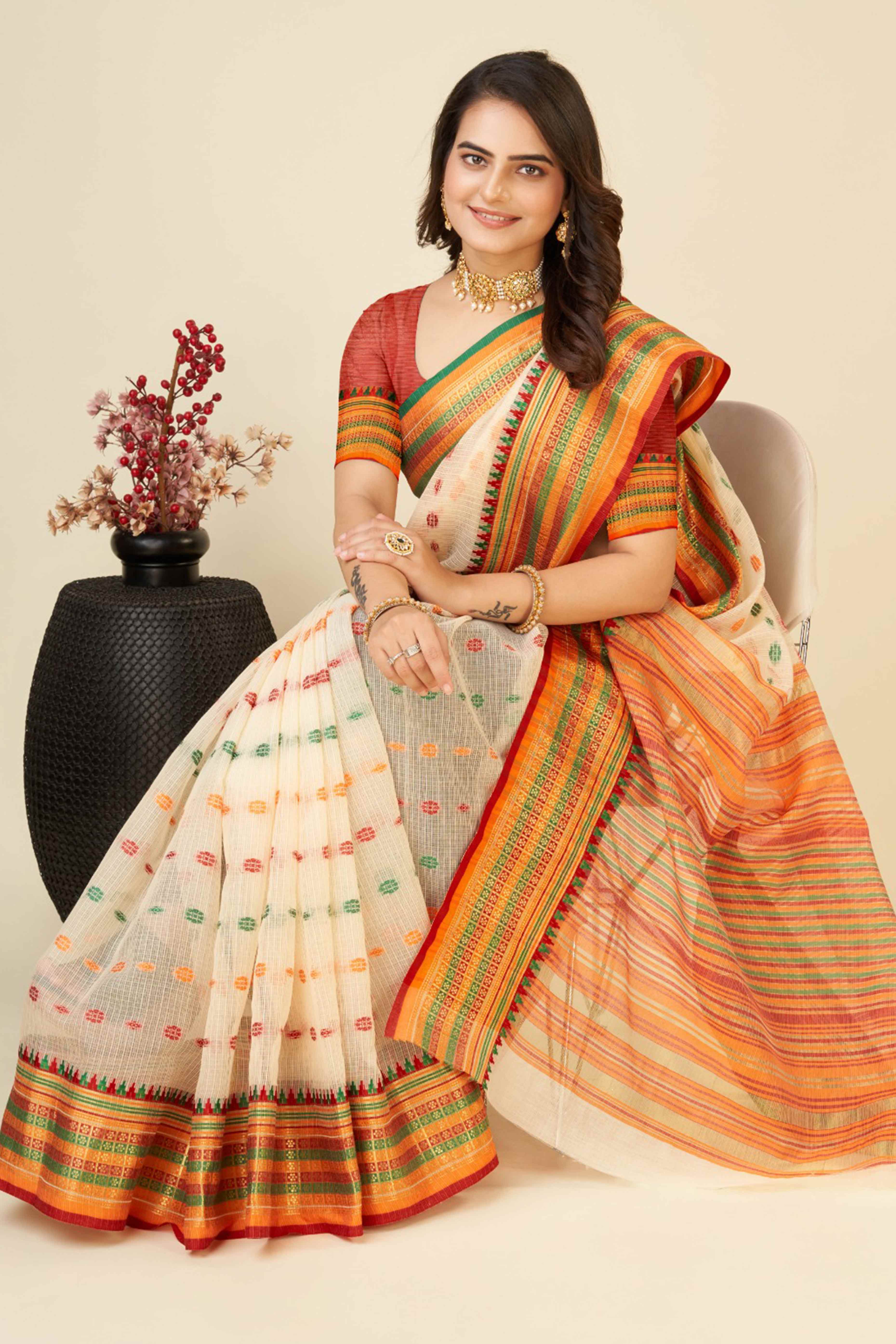 Peachmode Cream Zari Weaving Cotton Silk Saree - view 4