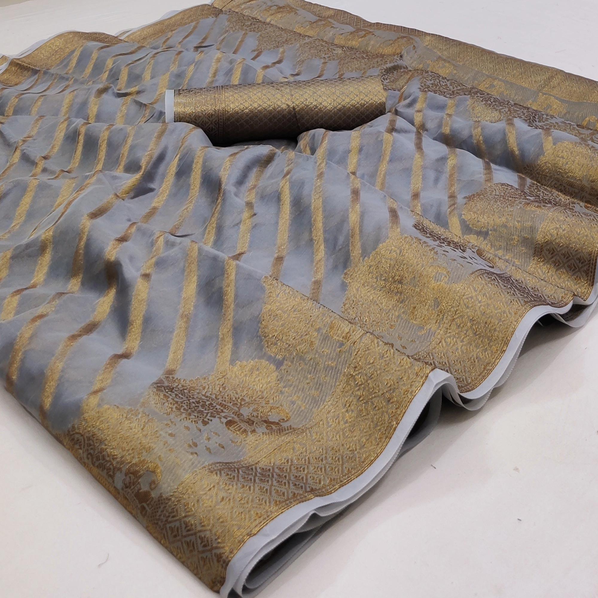 Peachmode Grey Woven Organza Saree – Women's