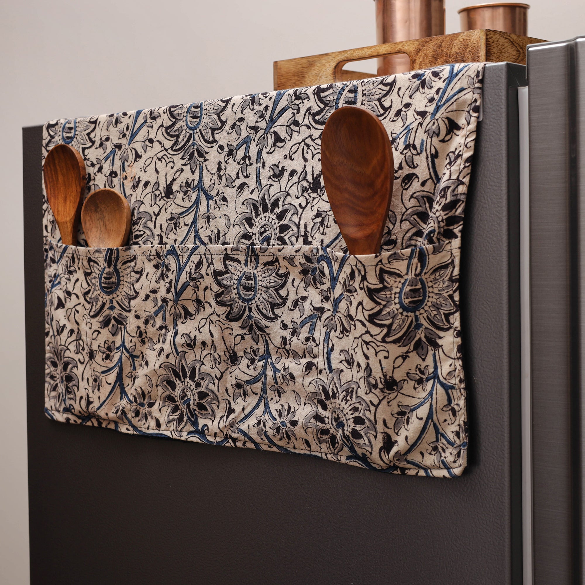 JALPARI Beige - Kalamkari Block Printed Fridge Cover with Handle Cover 11 - view 2