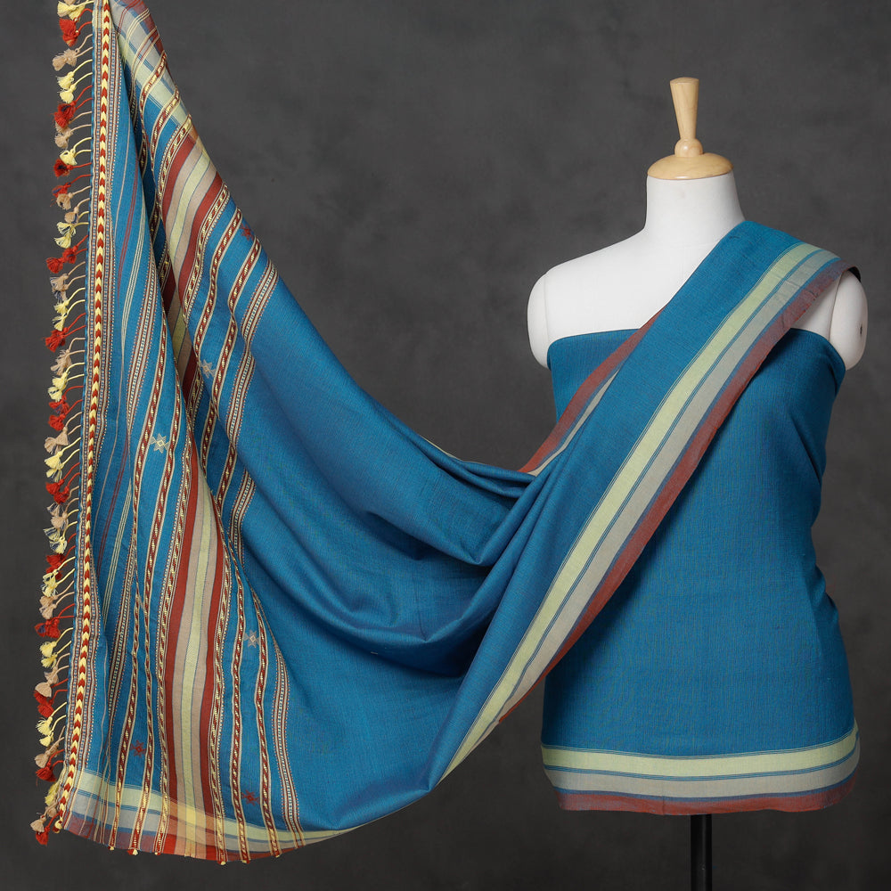 TABHANIS HANDLOOM BHUJODI Blue - 2pc Kutch Bhujodi Weaving Handloom Fine Cotton Suit Material Set