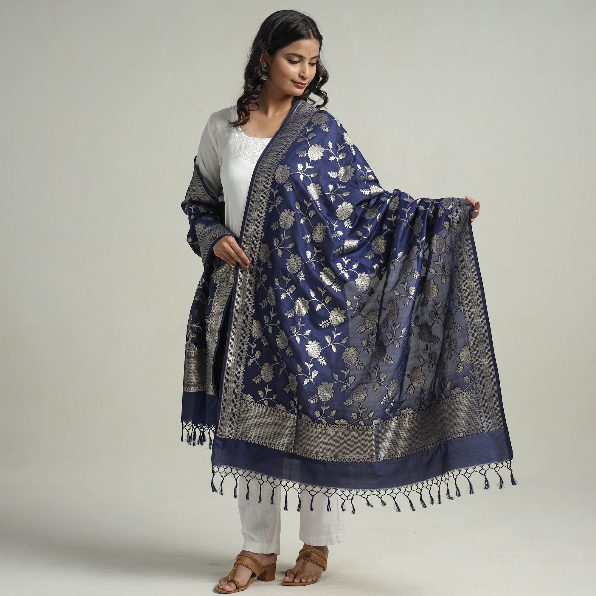 BANARASI BY MAQBUL HASAN Blue - Banarasi Semi Silk Zari Jaal Dupatta with Tassels 09