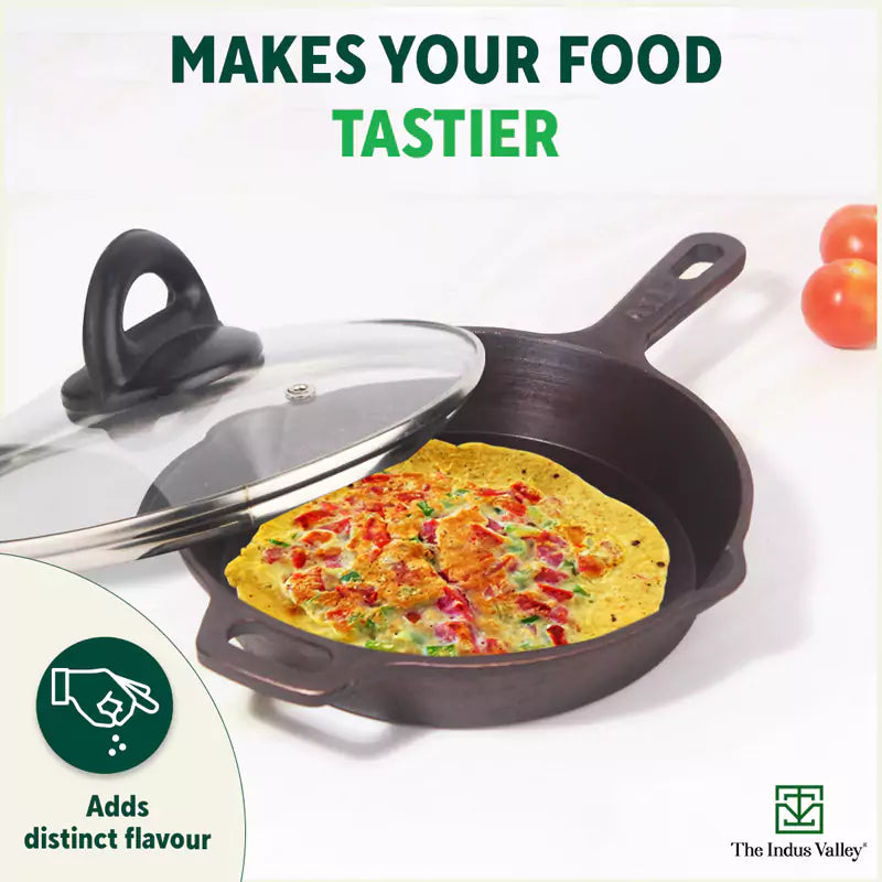 The Indus Valley Super Smooth Cast Iron Fry Pan, Glass Lid, 100% Pure, Toxin-free, Pre-seasoned, Induction, Non-stick, 20.3/25.4cm, 1.3/1.7L, 2.3/2.4k - view 9