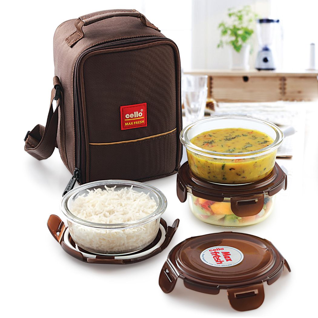 Cello Seal-O-Fresh Borosilicate Glass Lunch Box with Jacket, Round, Set of 3