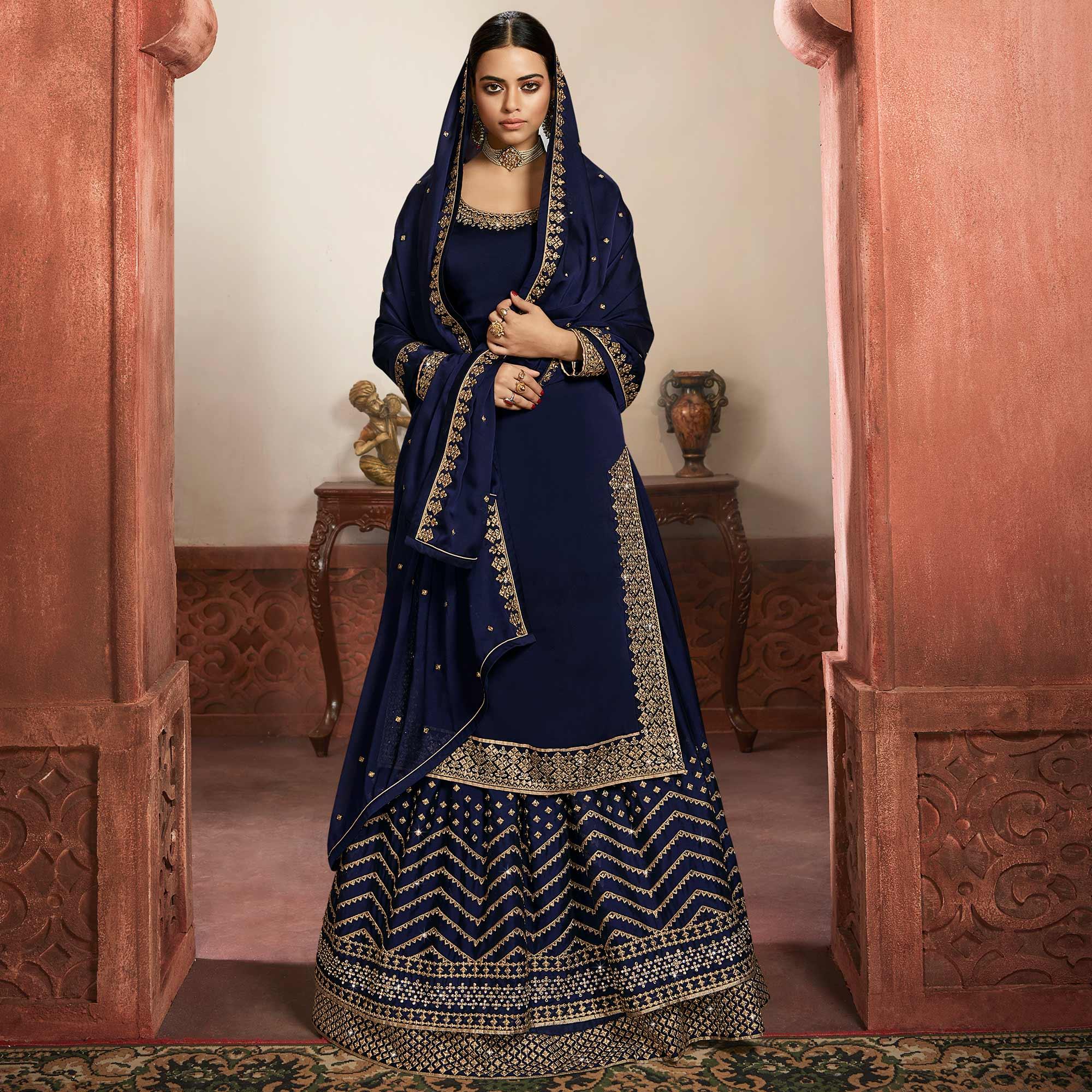 Peachmode Charming Navy Blue Coloured Partywear Embroidered Rangoli Georgette Sharara Style Salwar Suit