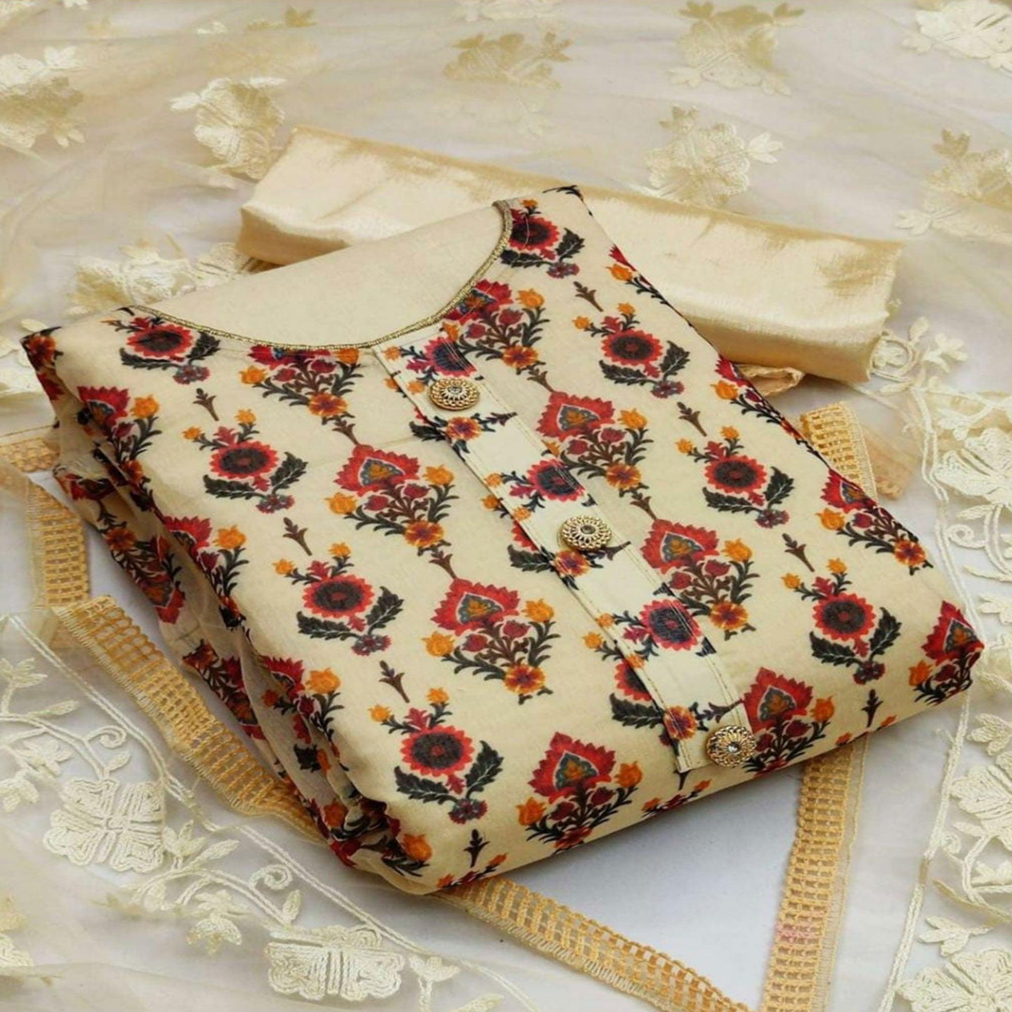 Peachmode Cream Casual Wear Digital Printed Modal Chanderi Dress Material
