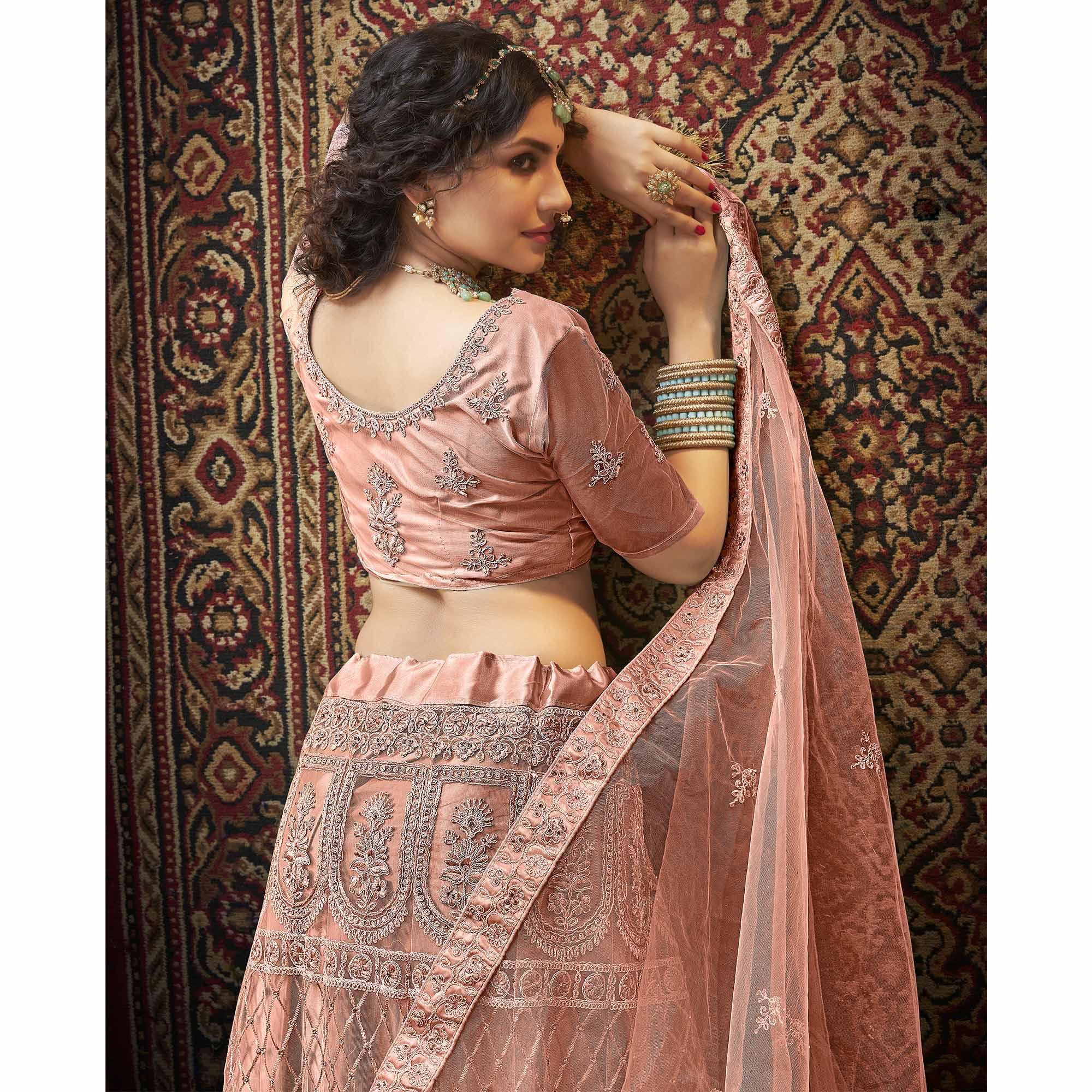 Peachmode Dusty Pink Partywear Multi Sequins Embroidered Net Lehenga Choli - view 5