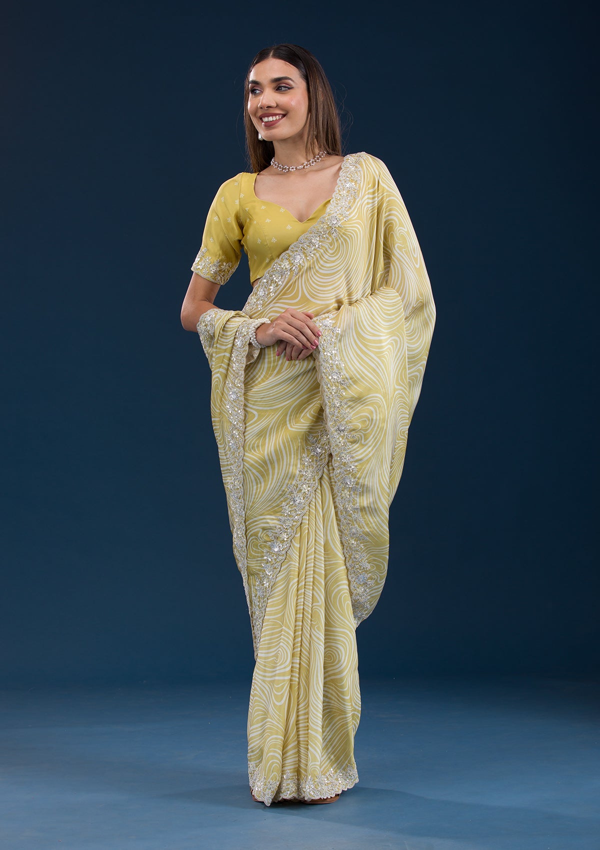 Koskii Mustard Printed Georgette Saree – Women's