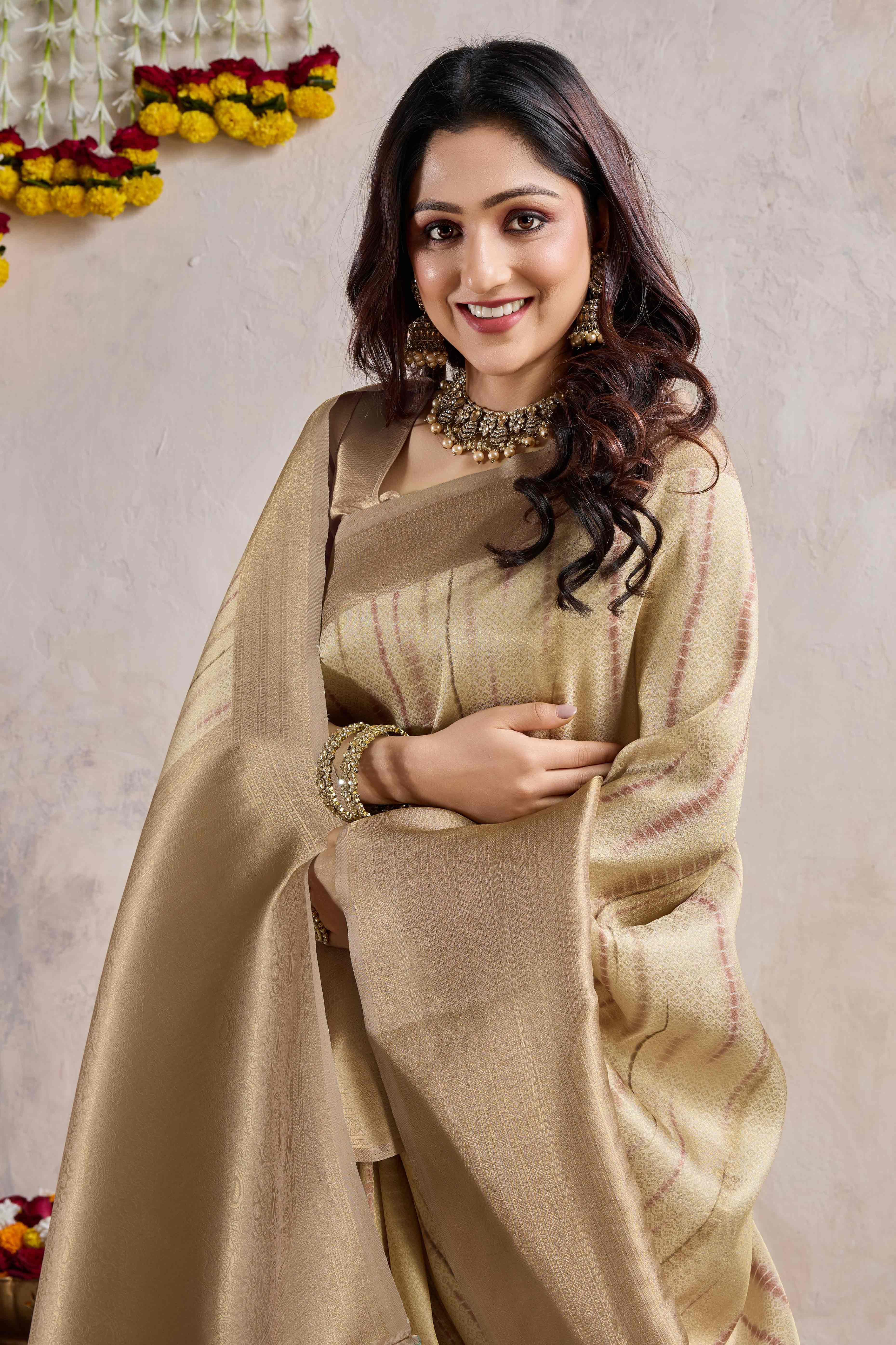Peachmode Chikoo Woven With Digital Printed Banarasi Silk Saree - view 6