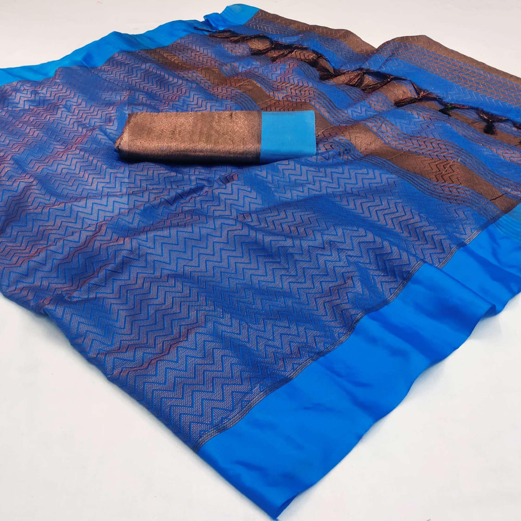 Peachmode Firozi Zig Zag Woven Cotton Silk Saree