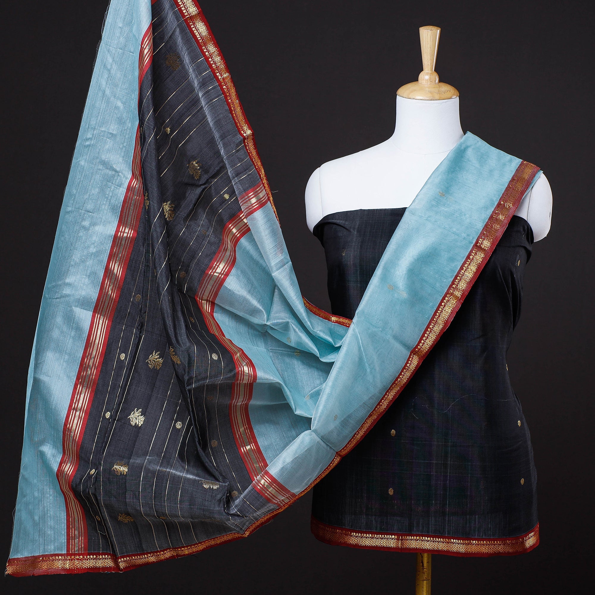 ITOKRI CRAFTS INITIATIVE Black - 3pc Chanderi Silk Handloom Nakshi Zari Suit Material Set
