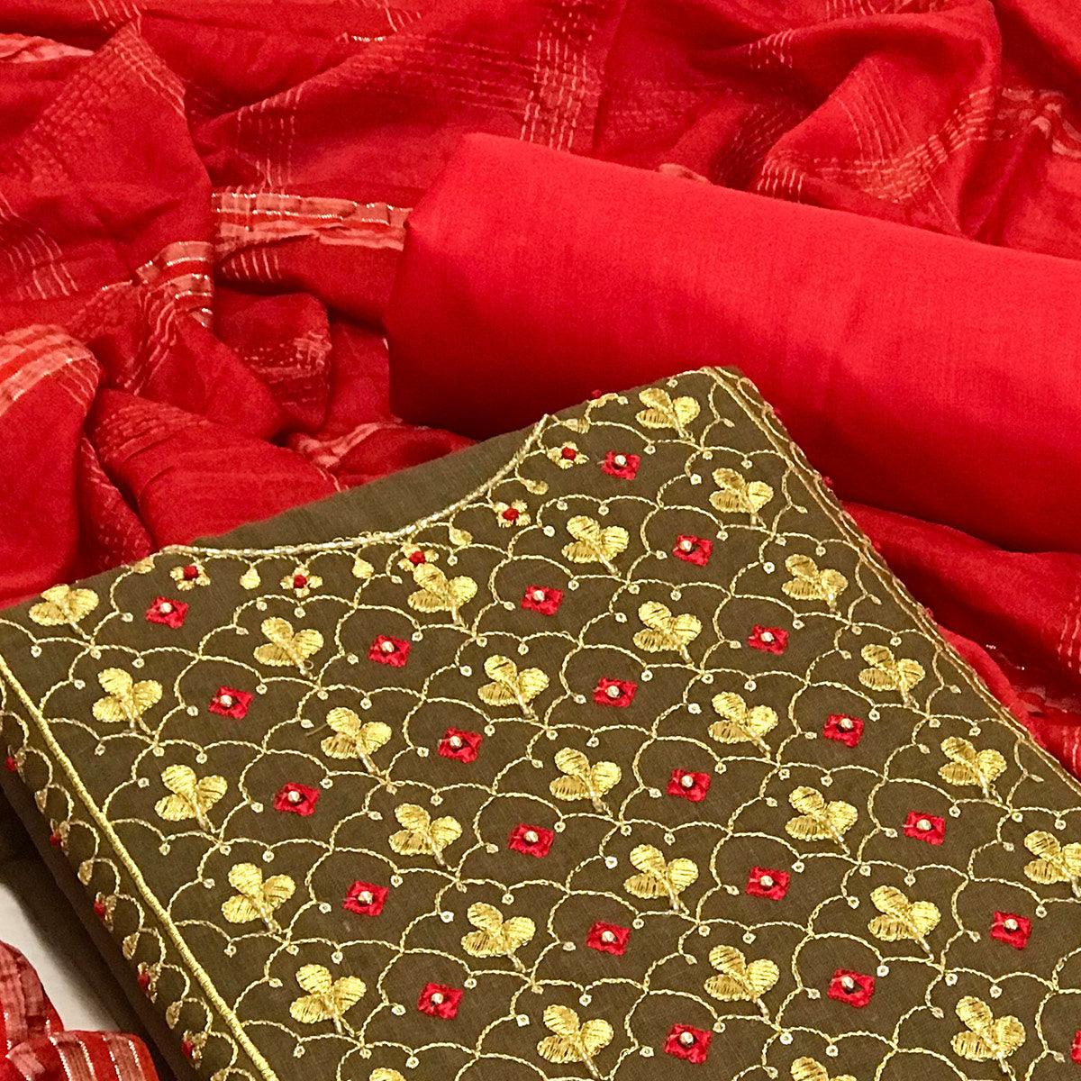 Peachmode Brown Embroidered With Embellished Cotton Blend Dress Material - view 2