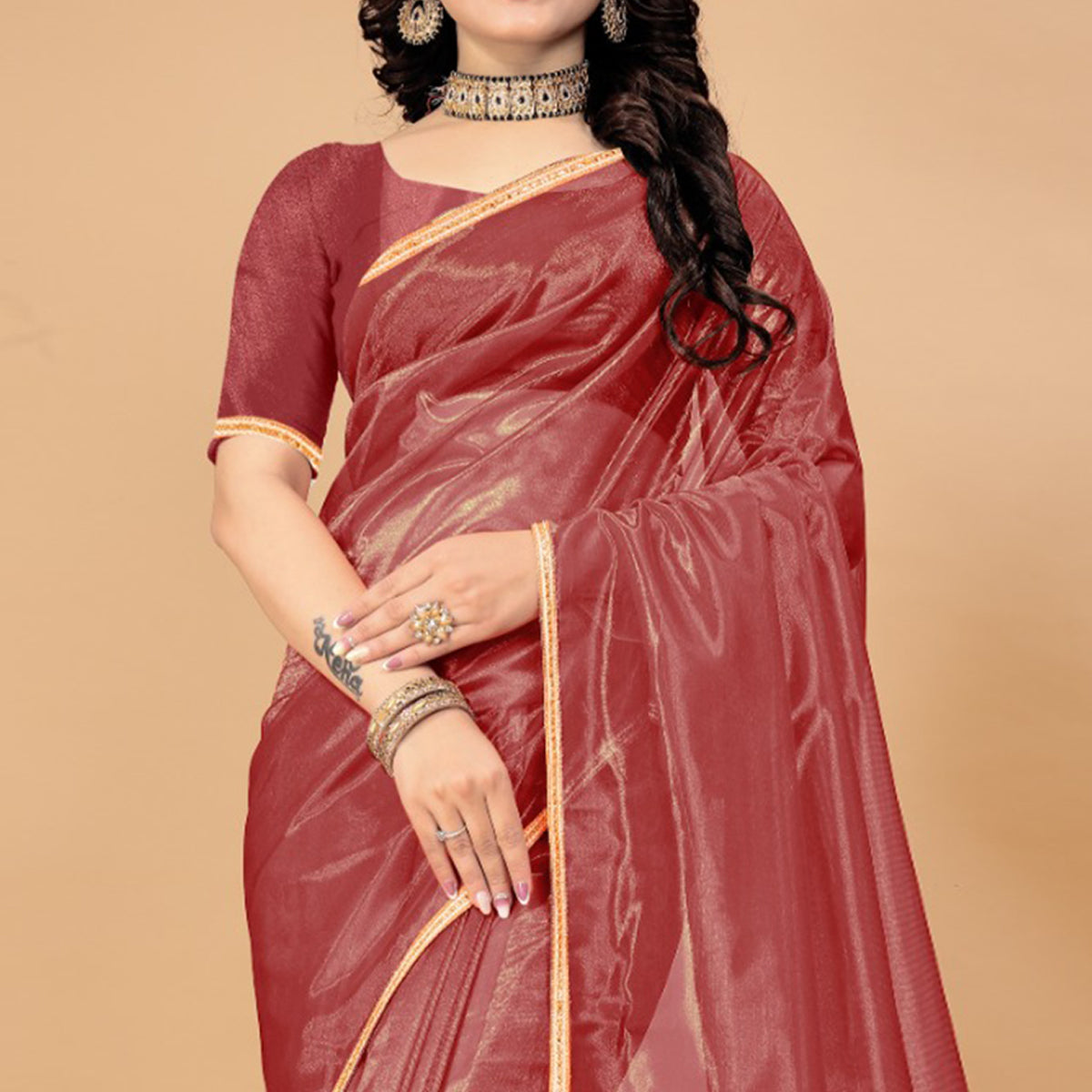 Peachmode Brick Red Solid Nylon Saree With Lace Border - view 3
