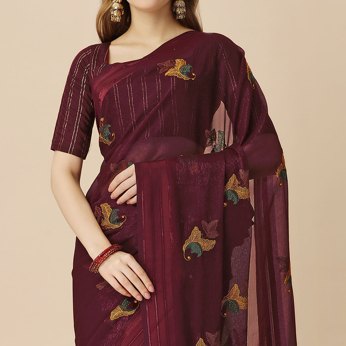 Peachmode Maroon Floral Embroidered Chiffon Saree With With Tassels - view 3