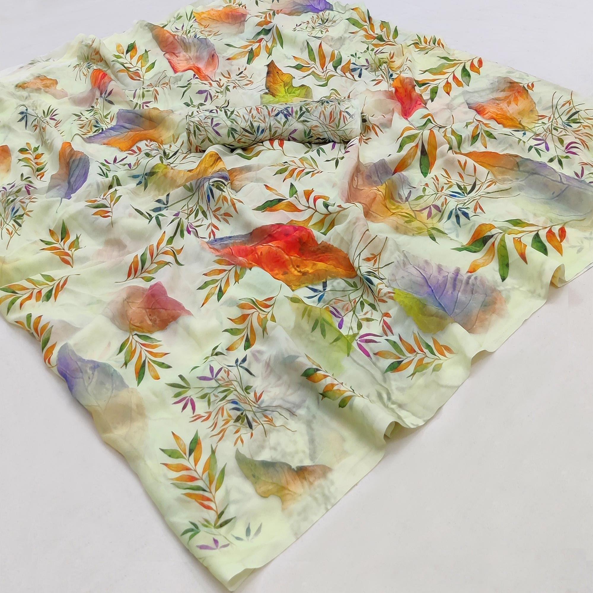 Peachmode Lemon Yellow Casual Wear Floral Printed Georgette Saree