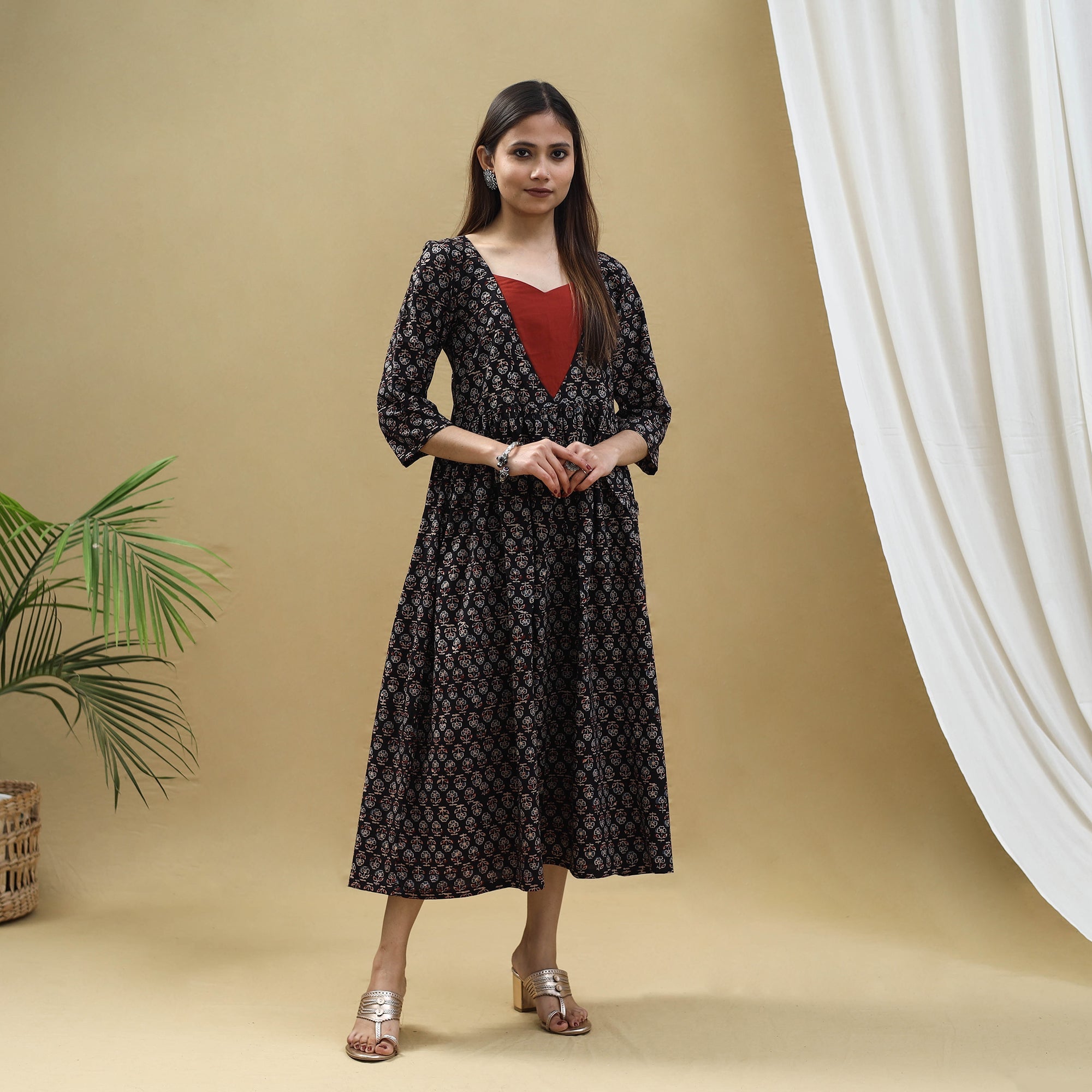 ITOKRI CASUALS Black - Block Print Cotton Flared Ajrakh Dress 10