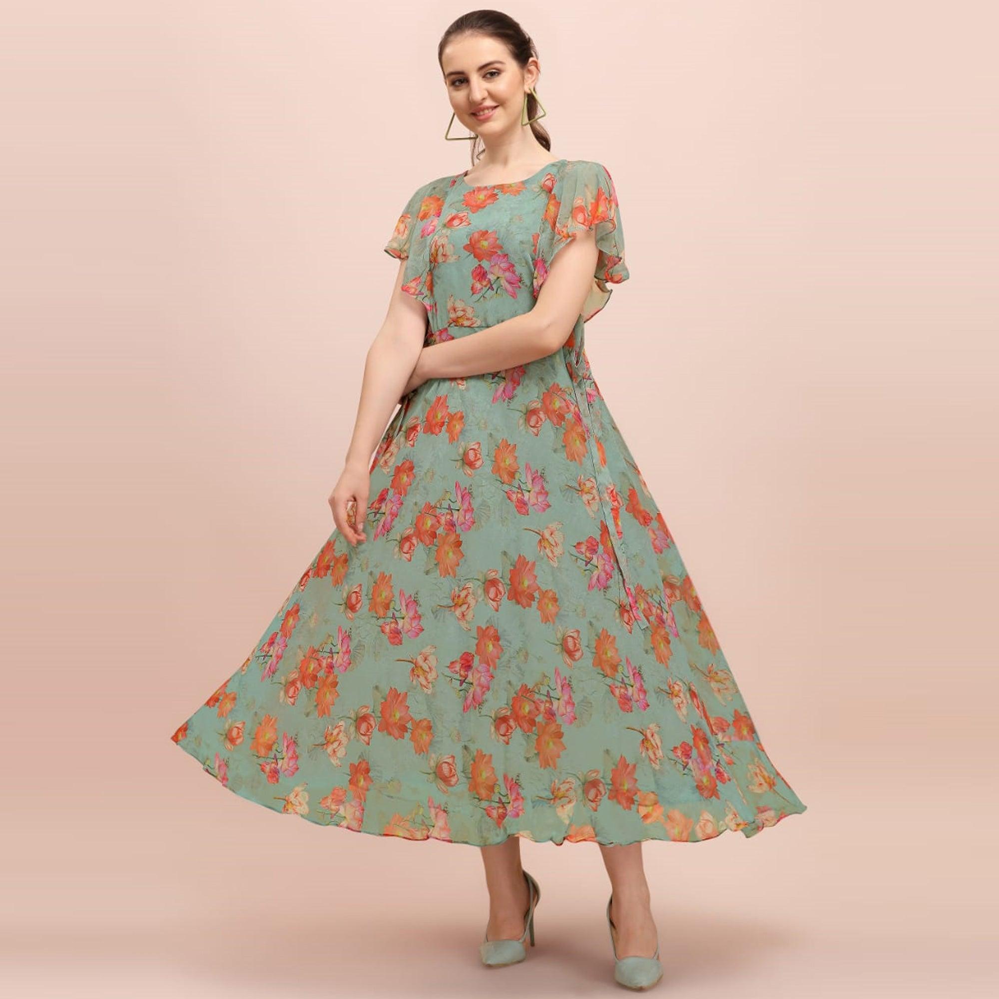 Green dresses – BlackTree green-casual-wear-floral-printed-a-line-chiffon-dress