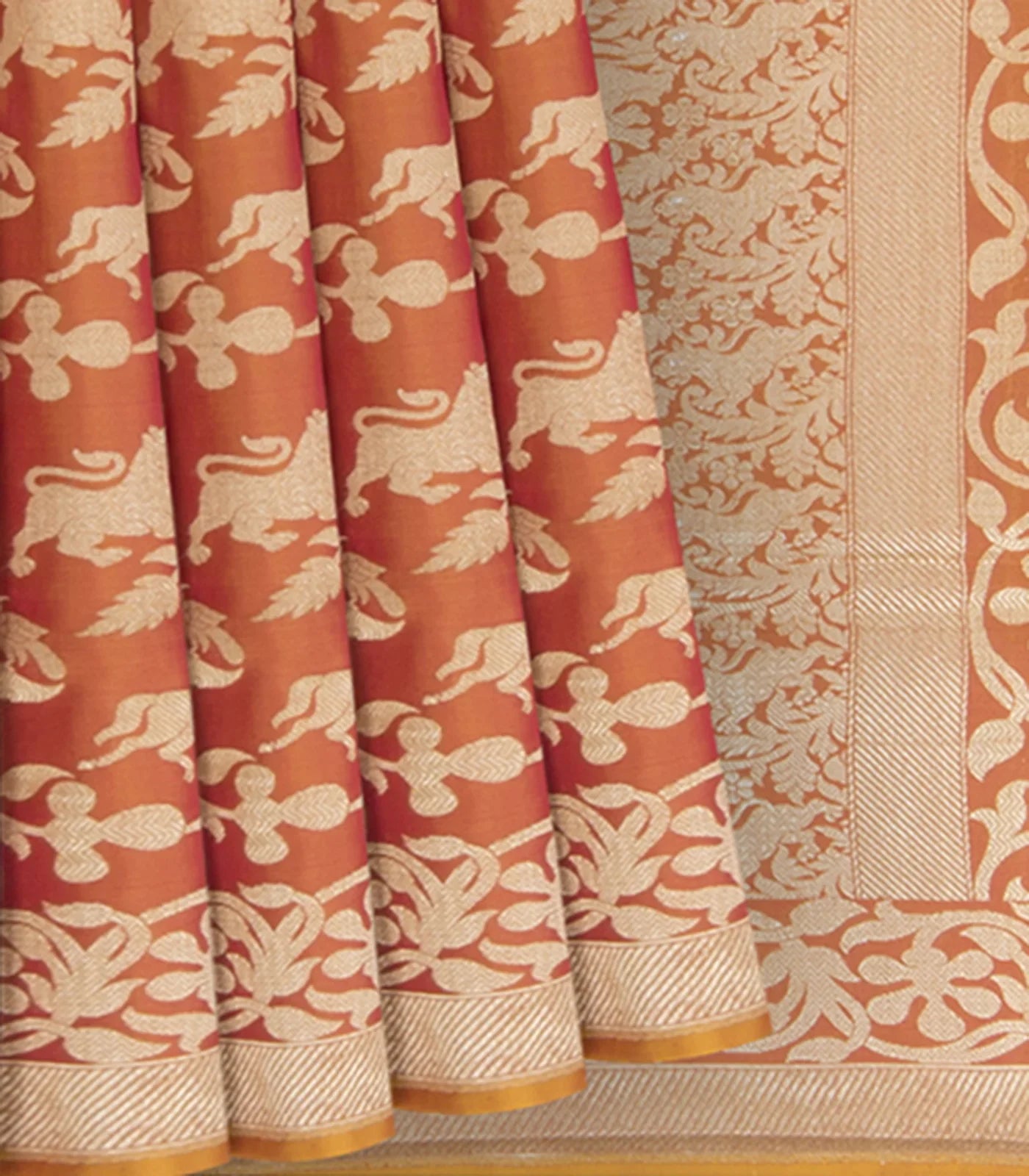 RmKV Rust Handwoven Benares Silk Saree With Vanasingaram Motifs
