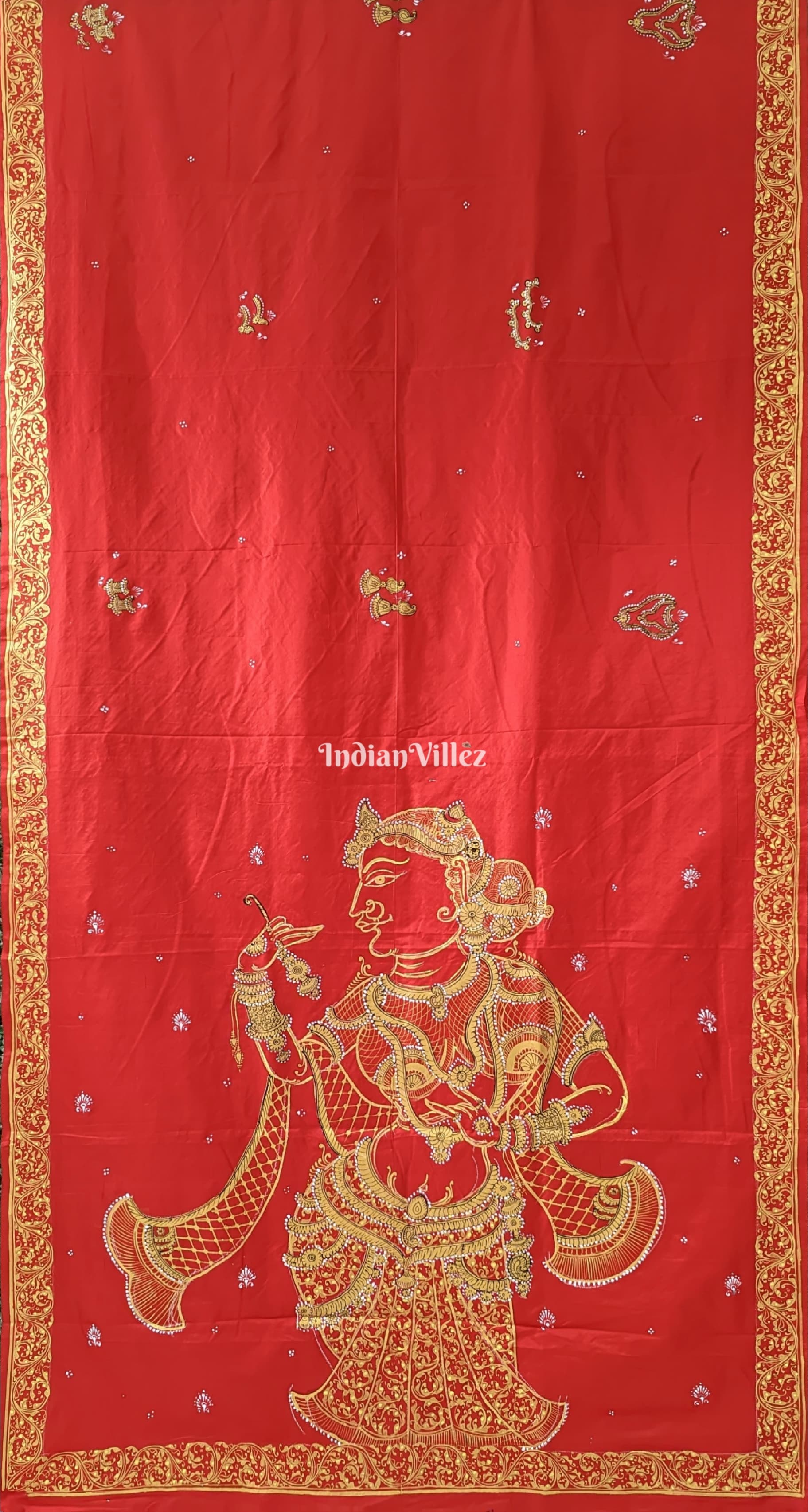 IndianVillèz Red Sringar Raas Hand-Painted Pattachitra Saree