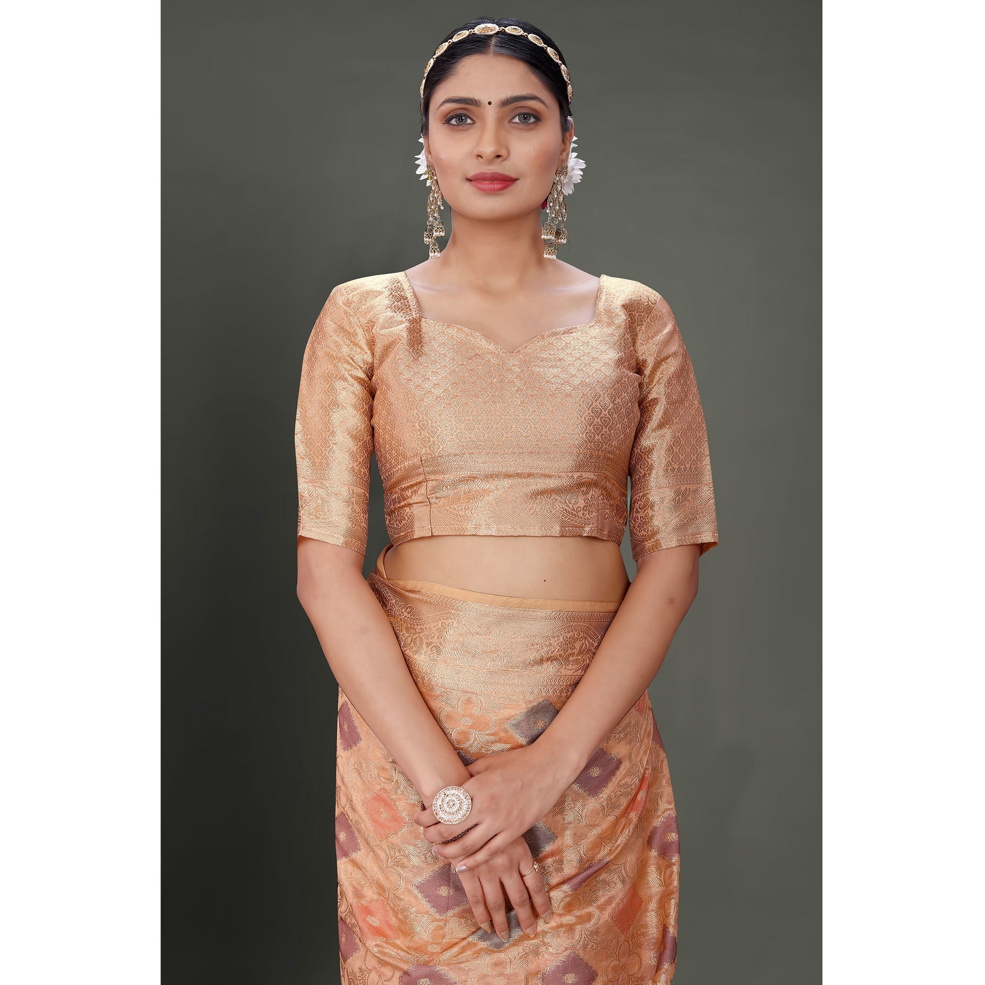 Peachmode Dark Peach Woven Organza Saree With Tassels - view 7