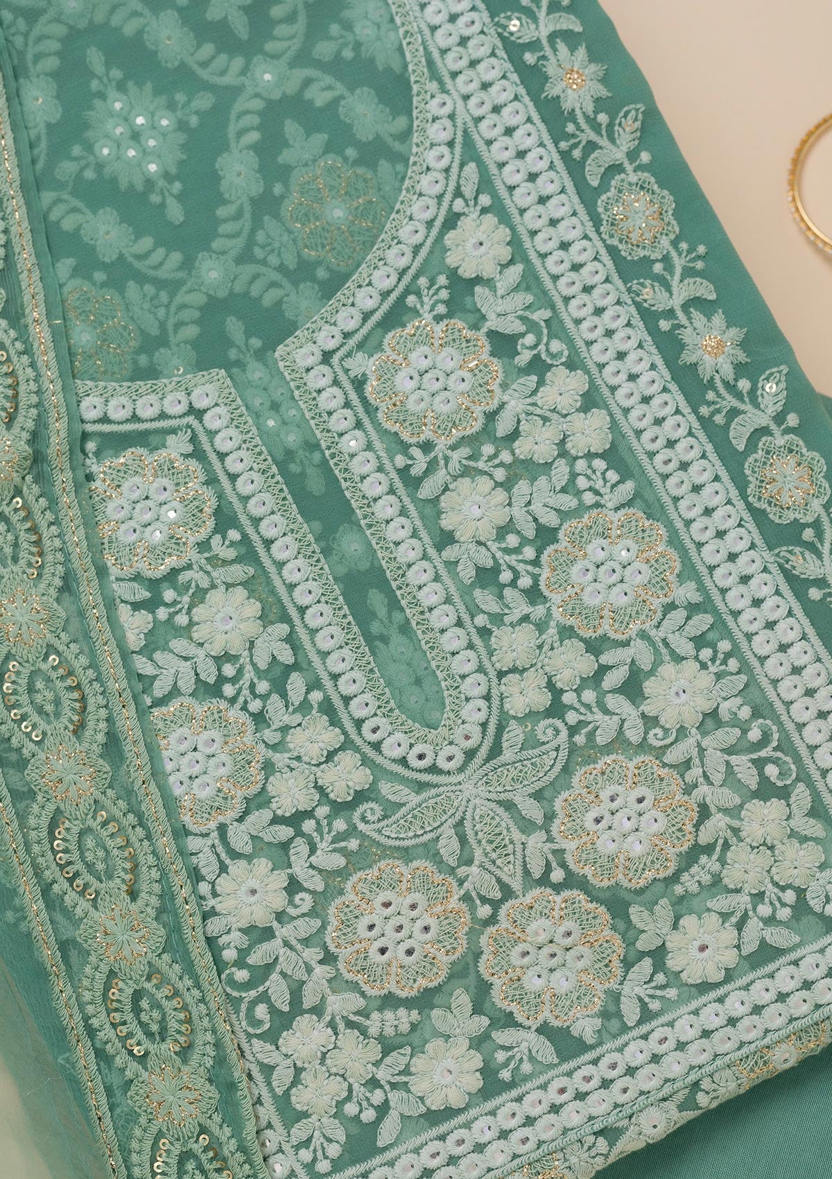 Koskii Sea Green Chikankari Georgette Unstitched Salwar Suit - view 2