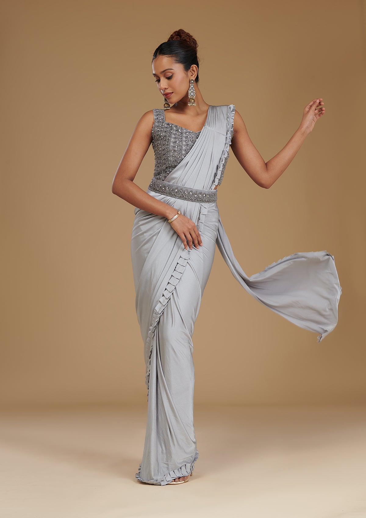 Koskii Light Grey Pearlwork Satin Readymade Saree
