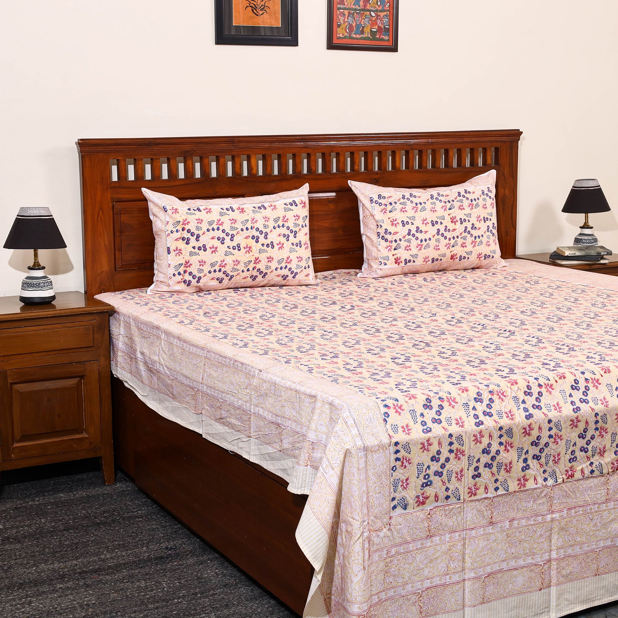HAVELI CHRONICLES Beige - Block Print Cotton Double Sanganeri Bed Sheet 40