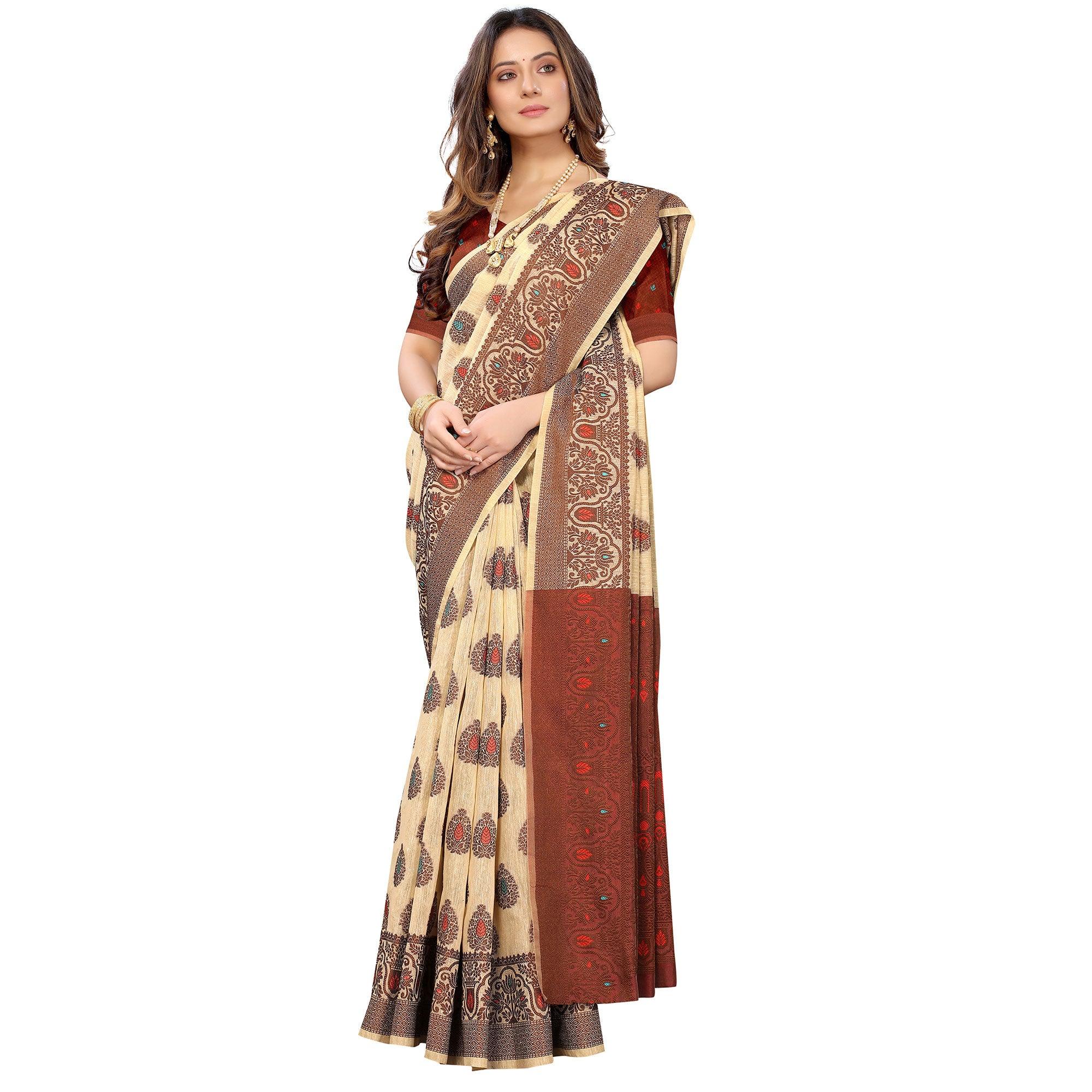 Peachmode Chikoo Festive Wear Woven With Meena Butta Rich Pallu Cotton Saree - view 5
