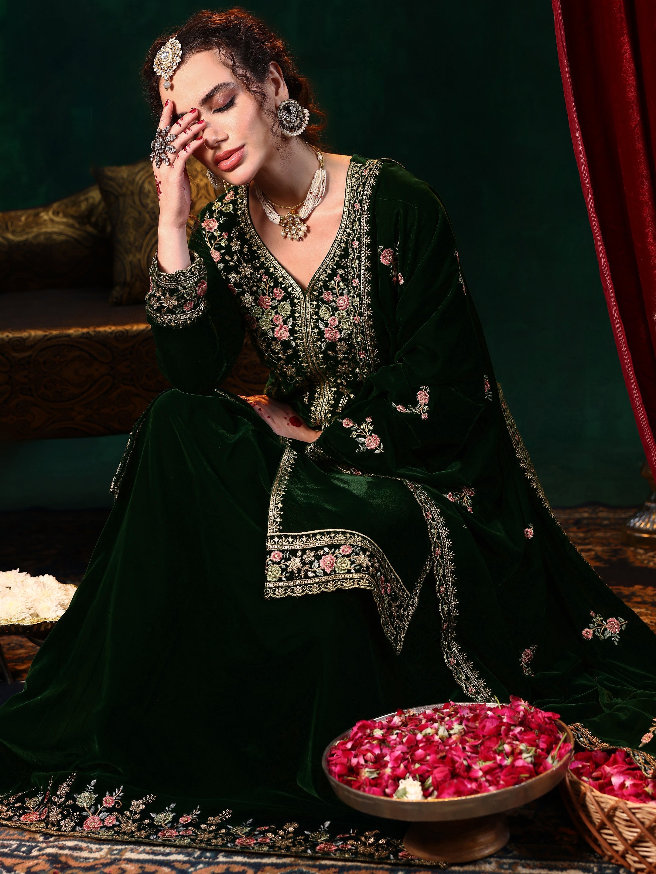 Libas Green Embroidered Velvet Straight Suit With Dupatta
