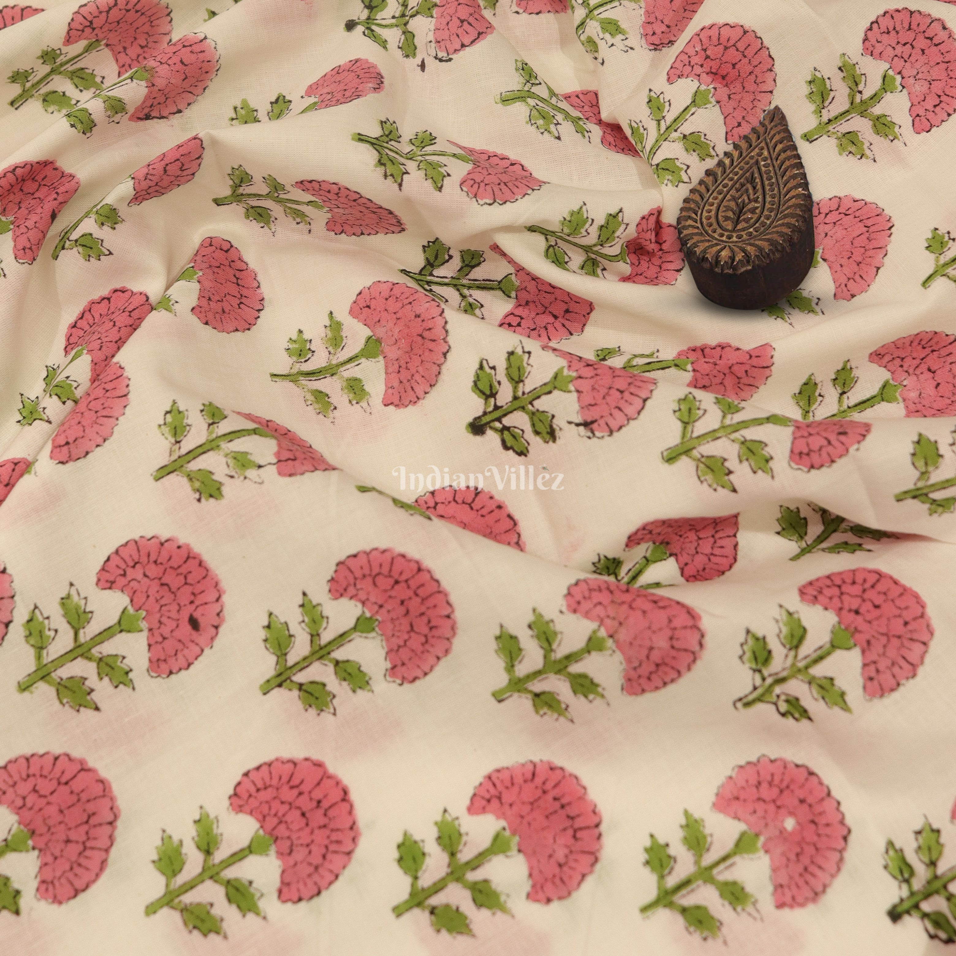 IndianVillèz White Pink Flower Motif Hand Block Printed Cotton Fabric