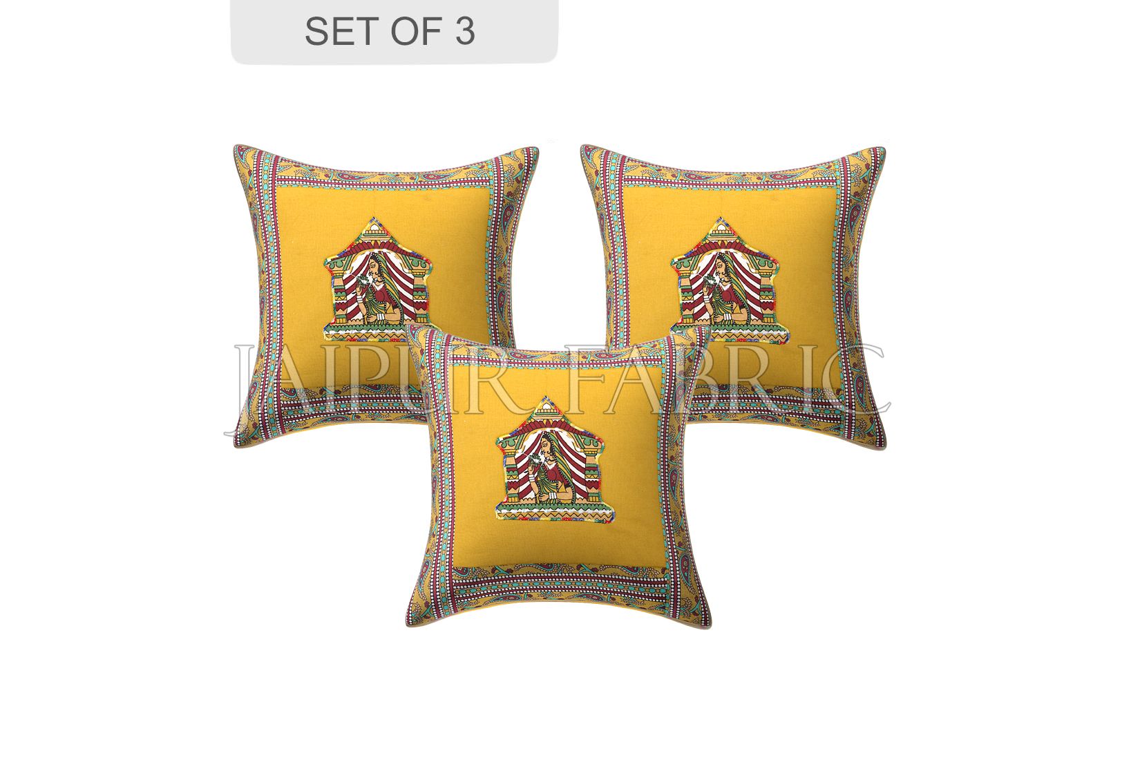 JaipurFabric® New Mustard Doli Design Patchwork & Applique Cushion Cover - view 2