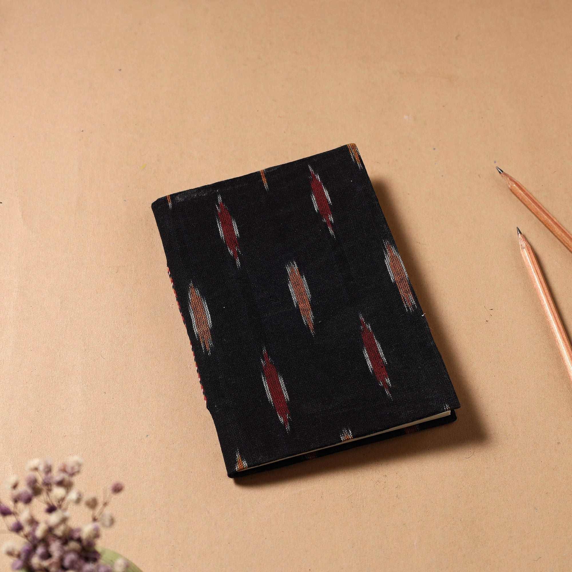 CHUTNEY CRAFT STUDIO Black - Ikat Fabric Cover Handmade Paper Notebook (7 x 5 in)