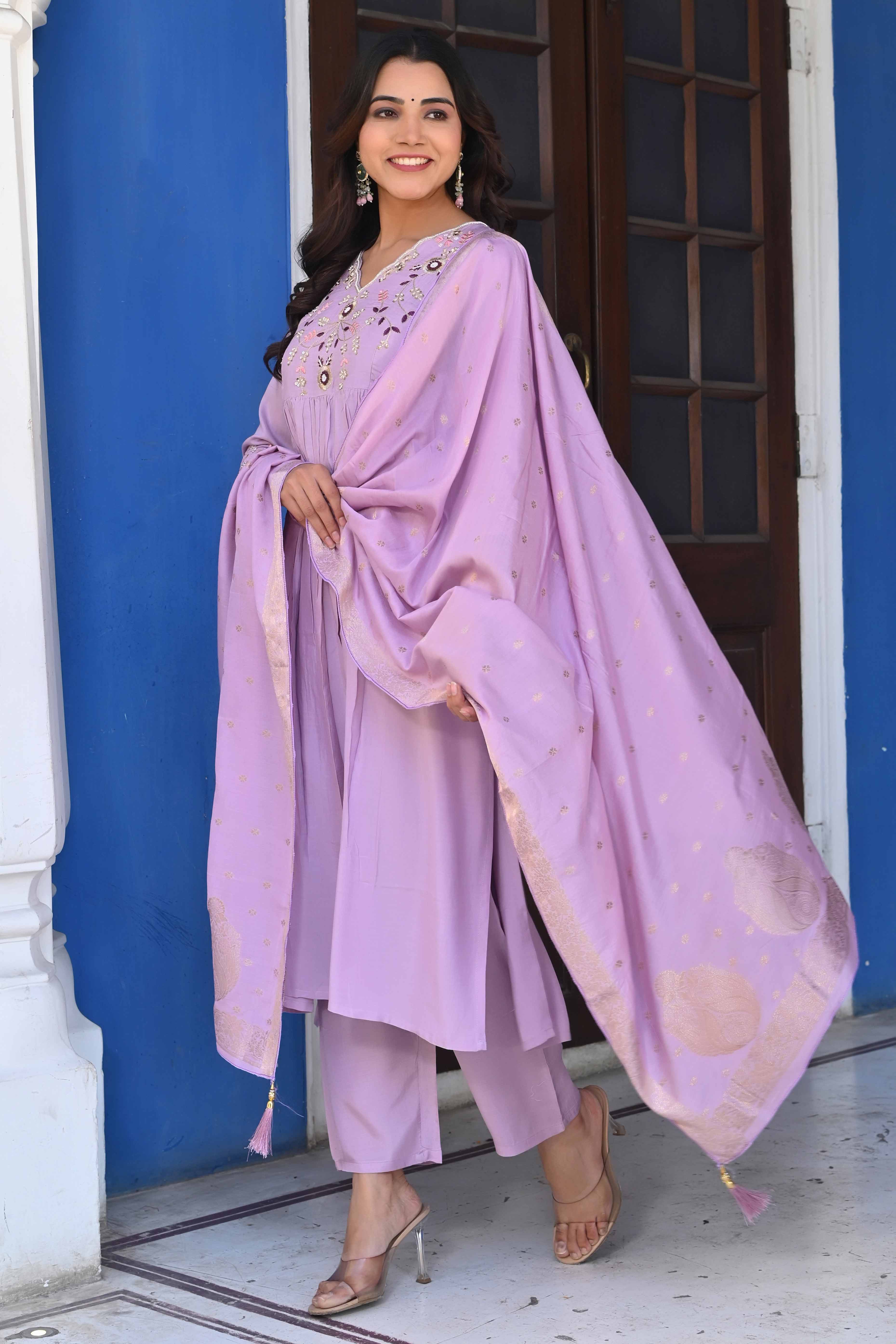 Peachmode Lavender Floral Embroidered Muslin Anarkali Salwar Suit