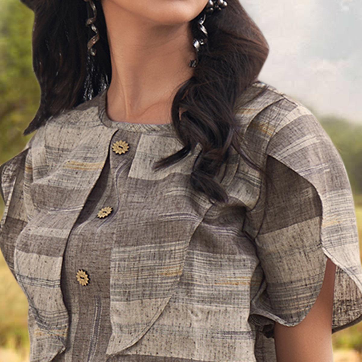 Peachmode Seller Grey Stripes Printed Cotton Blend Top Bottom Set - view 2
