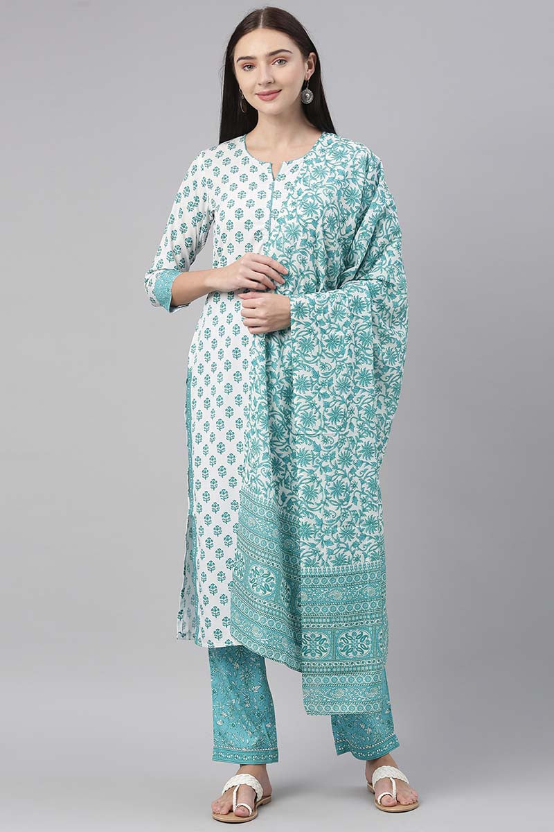 Ahika White Polyester Ethnic Motifs Straight Suit Set PKSKD1028