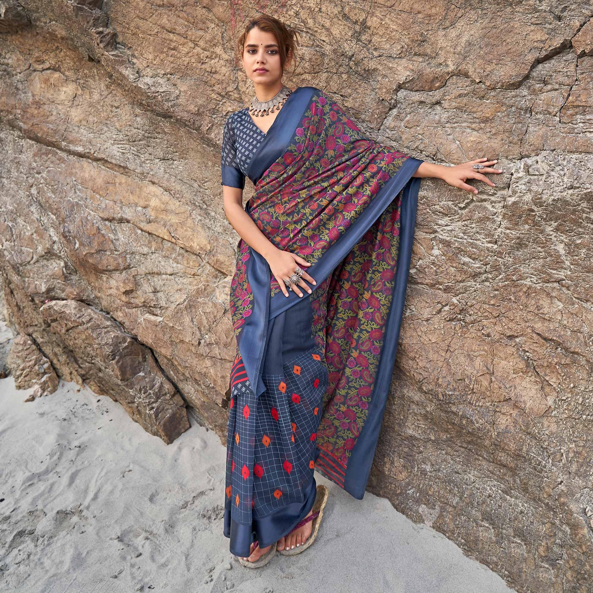 Peachmode Lovely Blue Coloured Casual Wear Printed Linen Saree