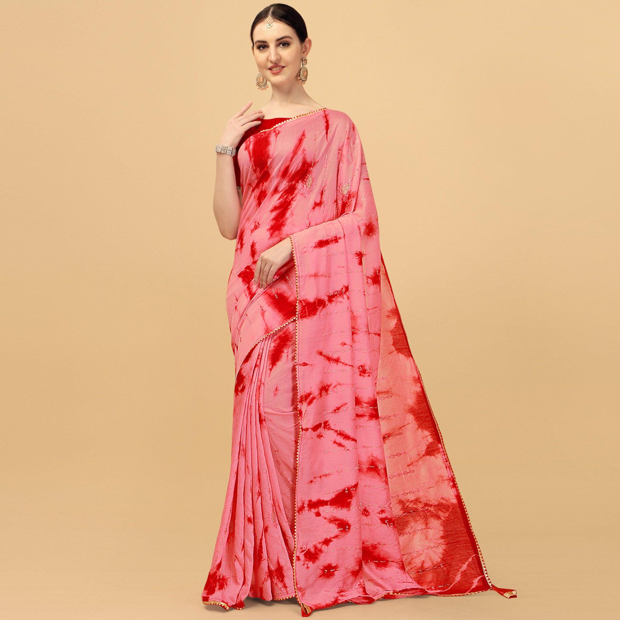 Peachmode Gajari Pink Sequins Embroidered Chanderi Saree