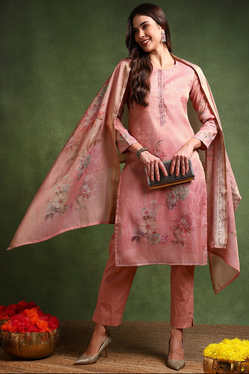 Ahika Pink Linen Blend Woven Design Straight Trouser Suit Set PKSKD2697 - view 3
