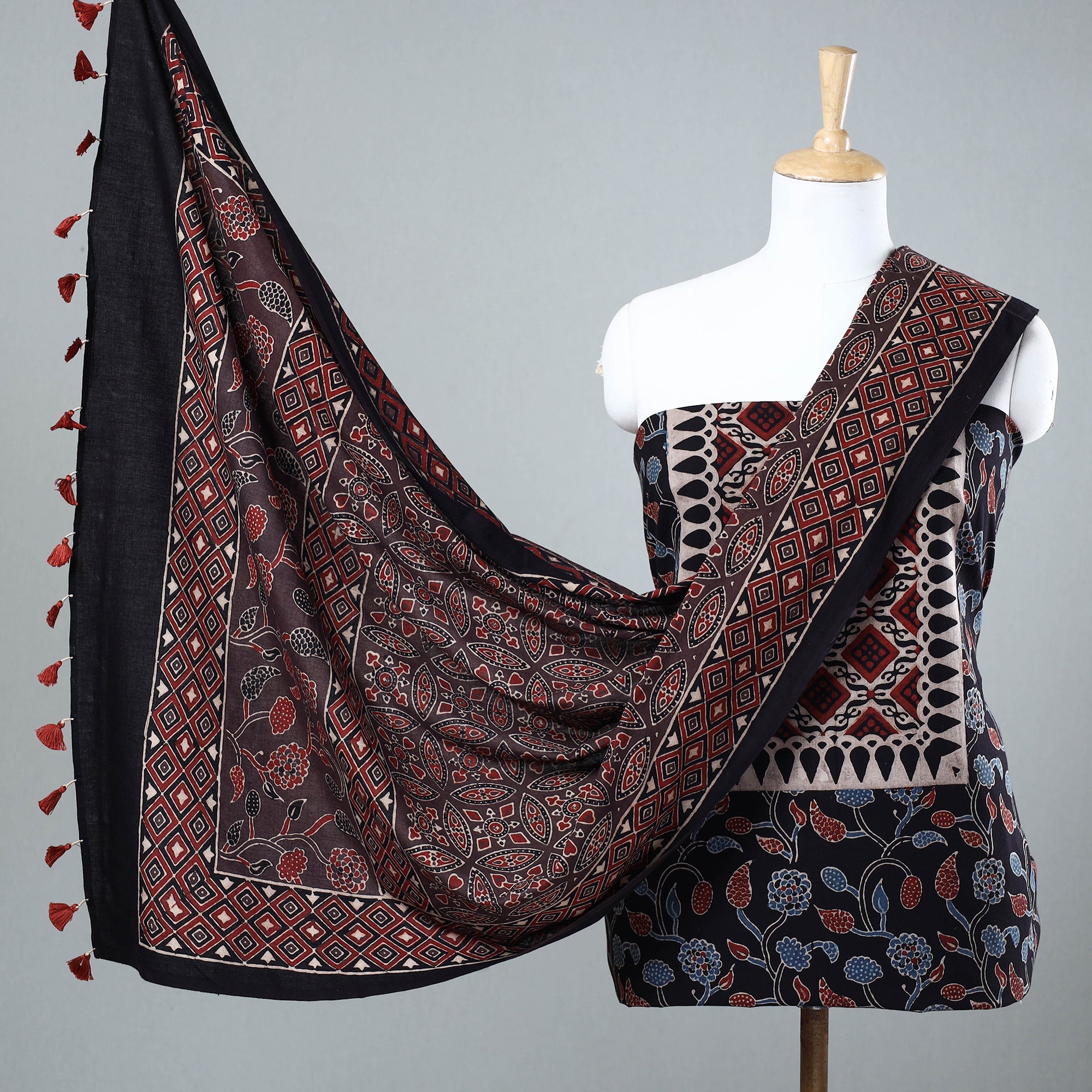 AJRAKH BY JABBAR KHATRI Black - 3pc Ajrakh Block Printed Cotton Suit Material Set