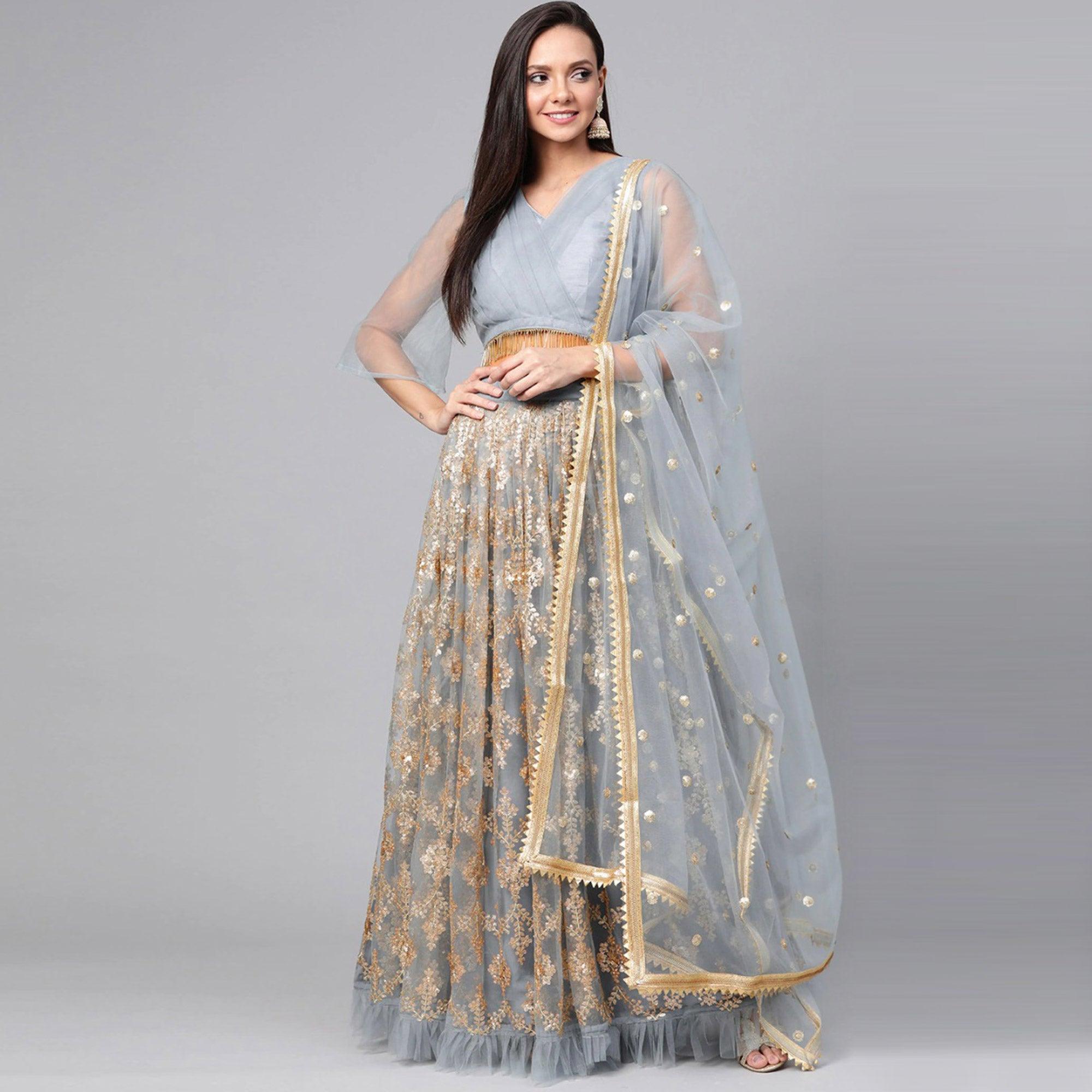 Peachmode Light Blue Designer Wedding Wear Thread Zari Work Soft Net Lehenga Choli