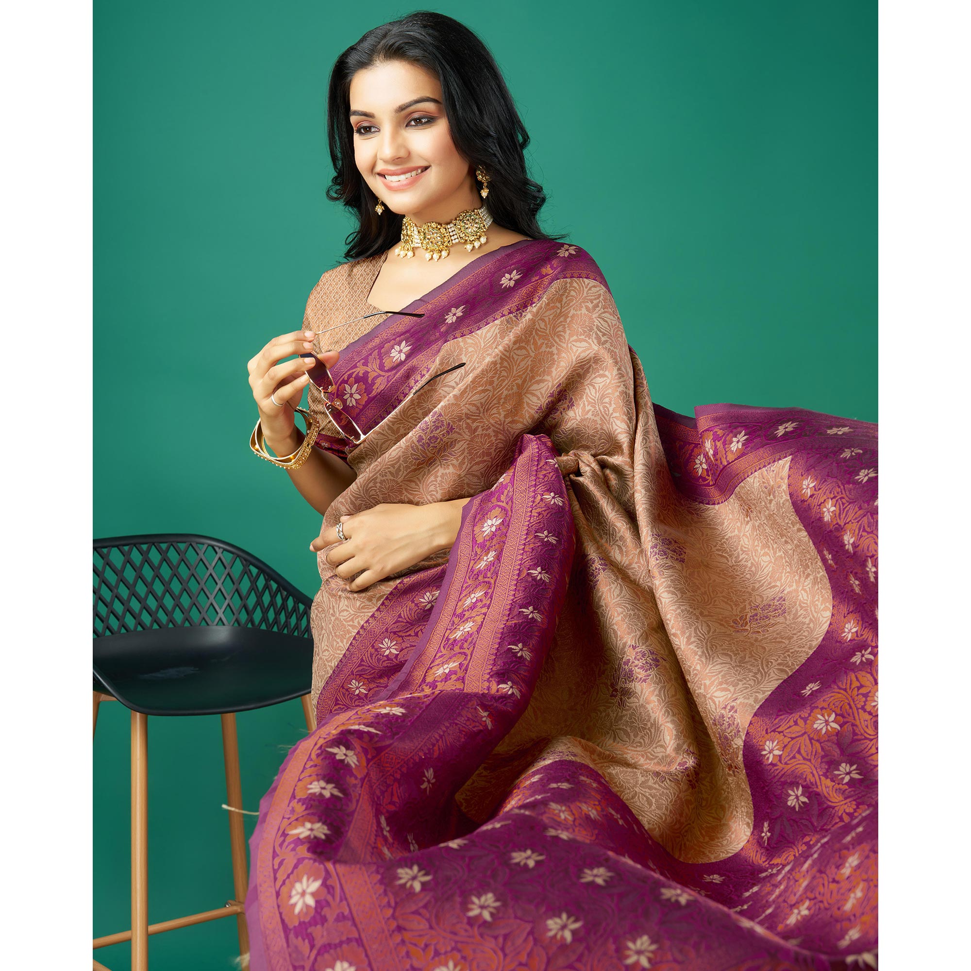 Peachmode Chikoo Zari Woven Banarasi Silk Saree With Tassels - view 7