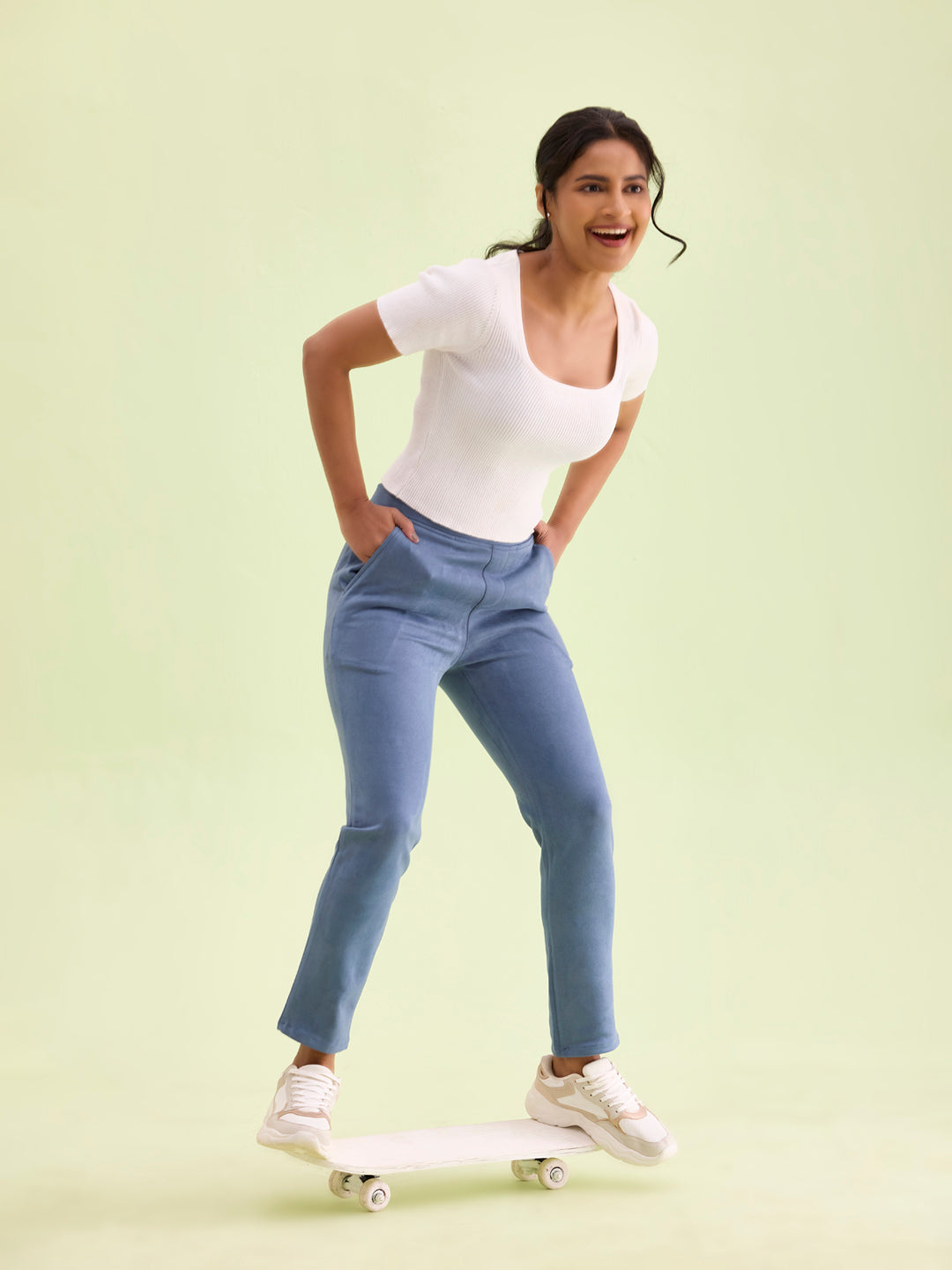 Go Colors Women Solid Dark Jean Blue Mid Rise Suede Treggings - view 4