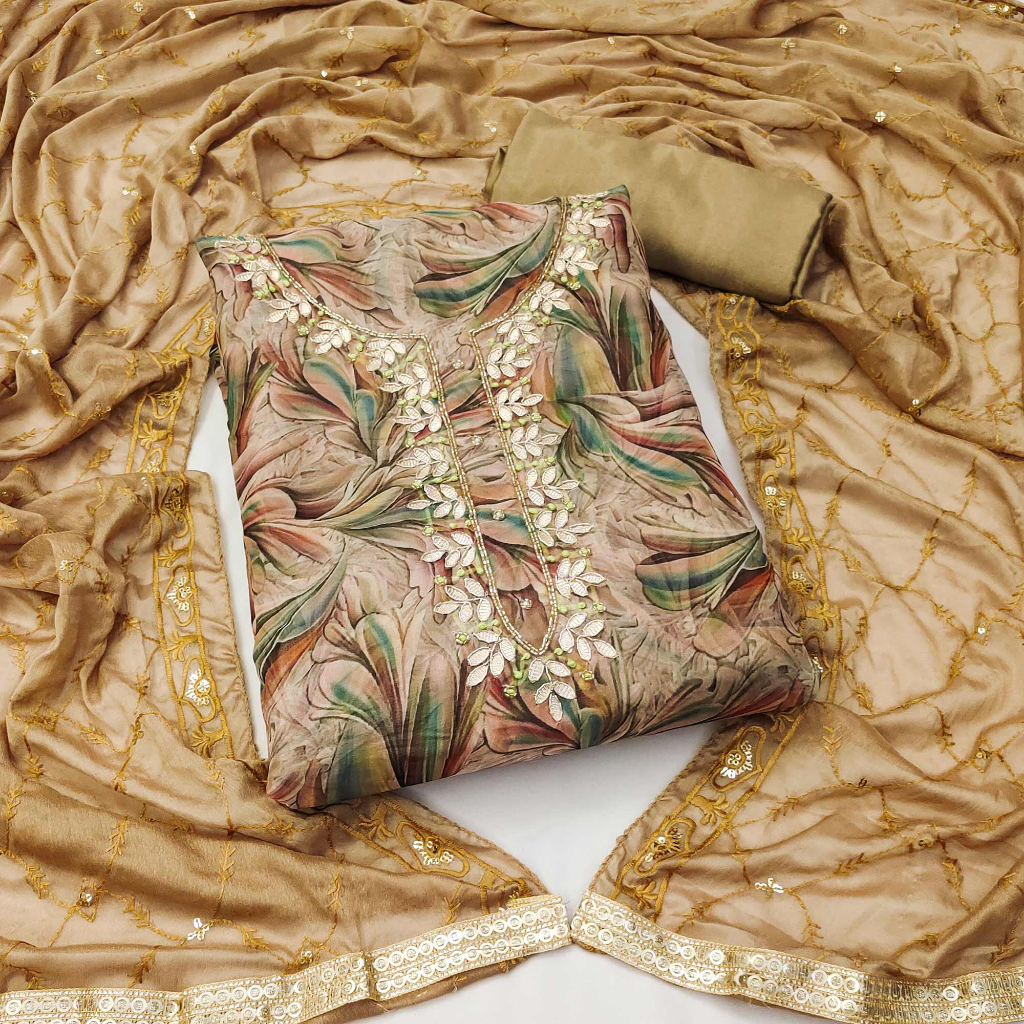 Peachmode Chikoo Floral Printed Organza Dress Material