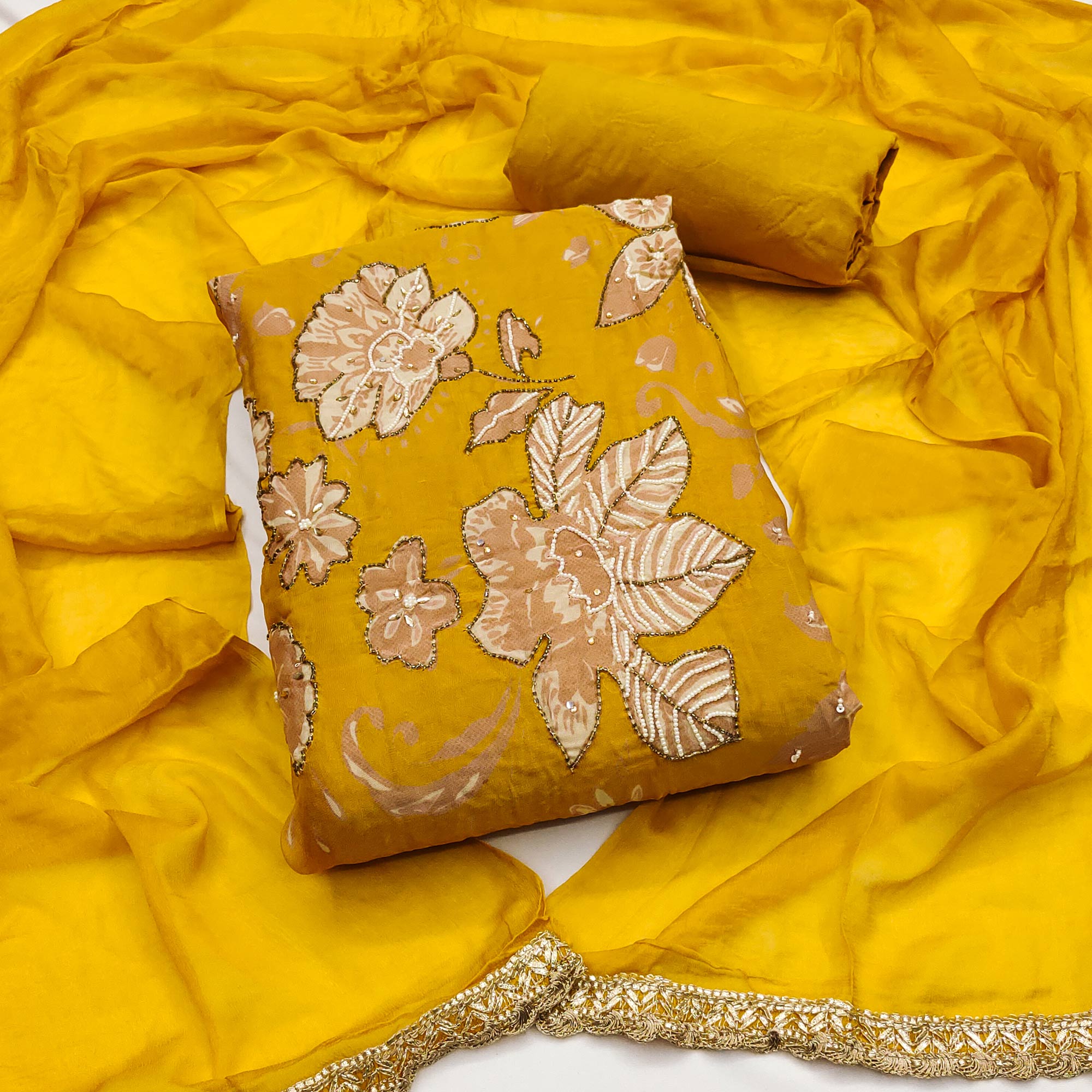 Peachmode Mustard Floral Moti Hand Embroidered Muslin Dress Material