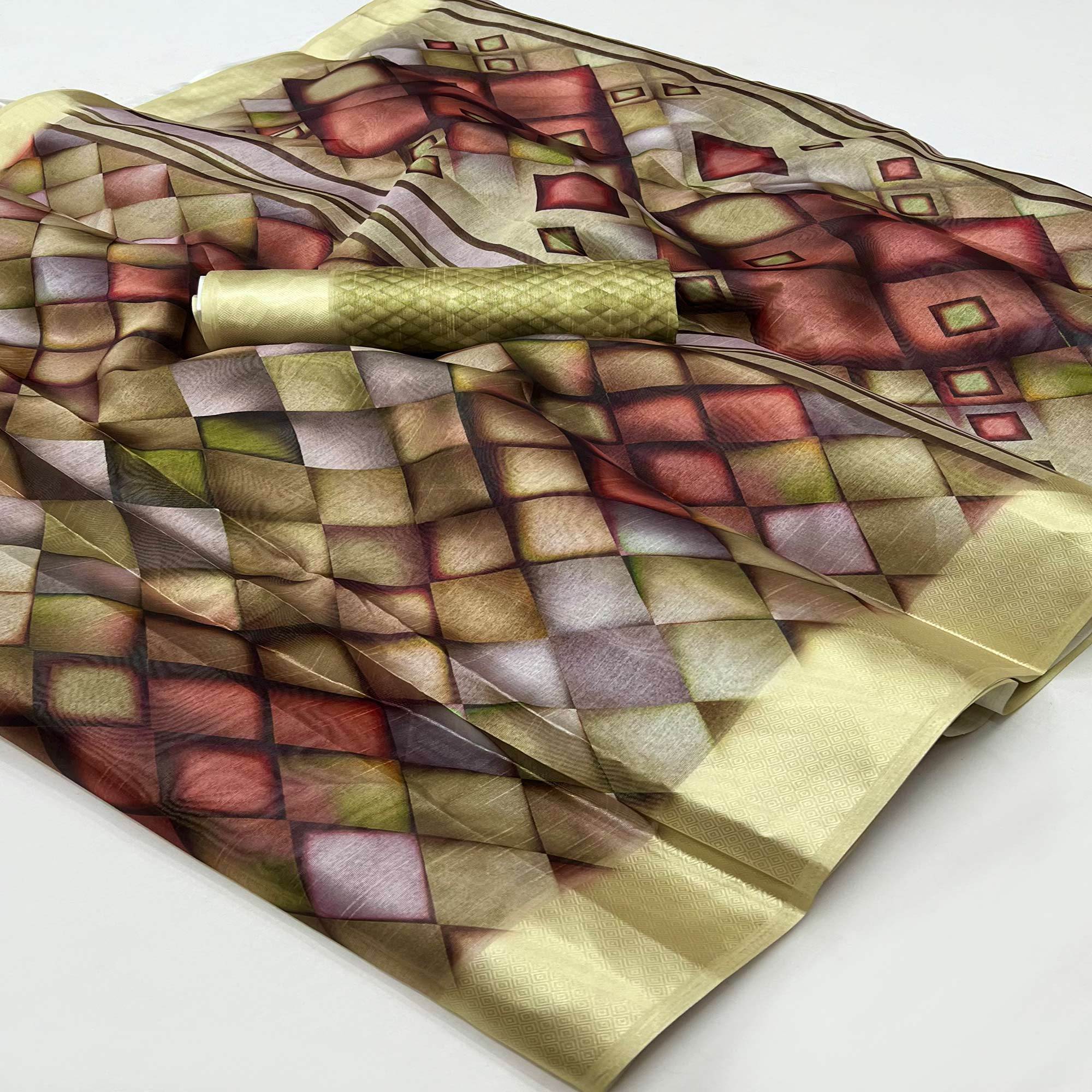 Peachmode Lemon Green Digital Printed Cotton Blend Saree With Fancy Border