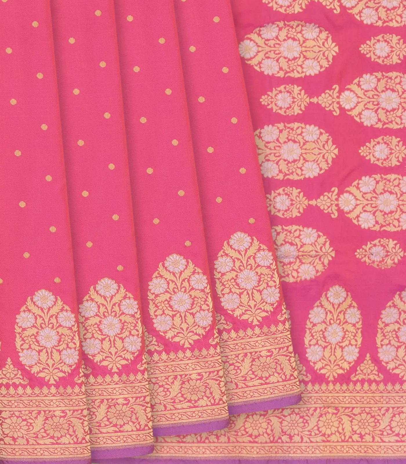 RmKV Bubble Gum Pink Handloom Banarasi Silk Saree With Moghul Flower Motifs-BubbleGum Pink