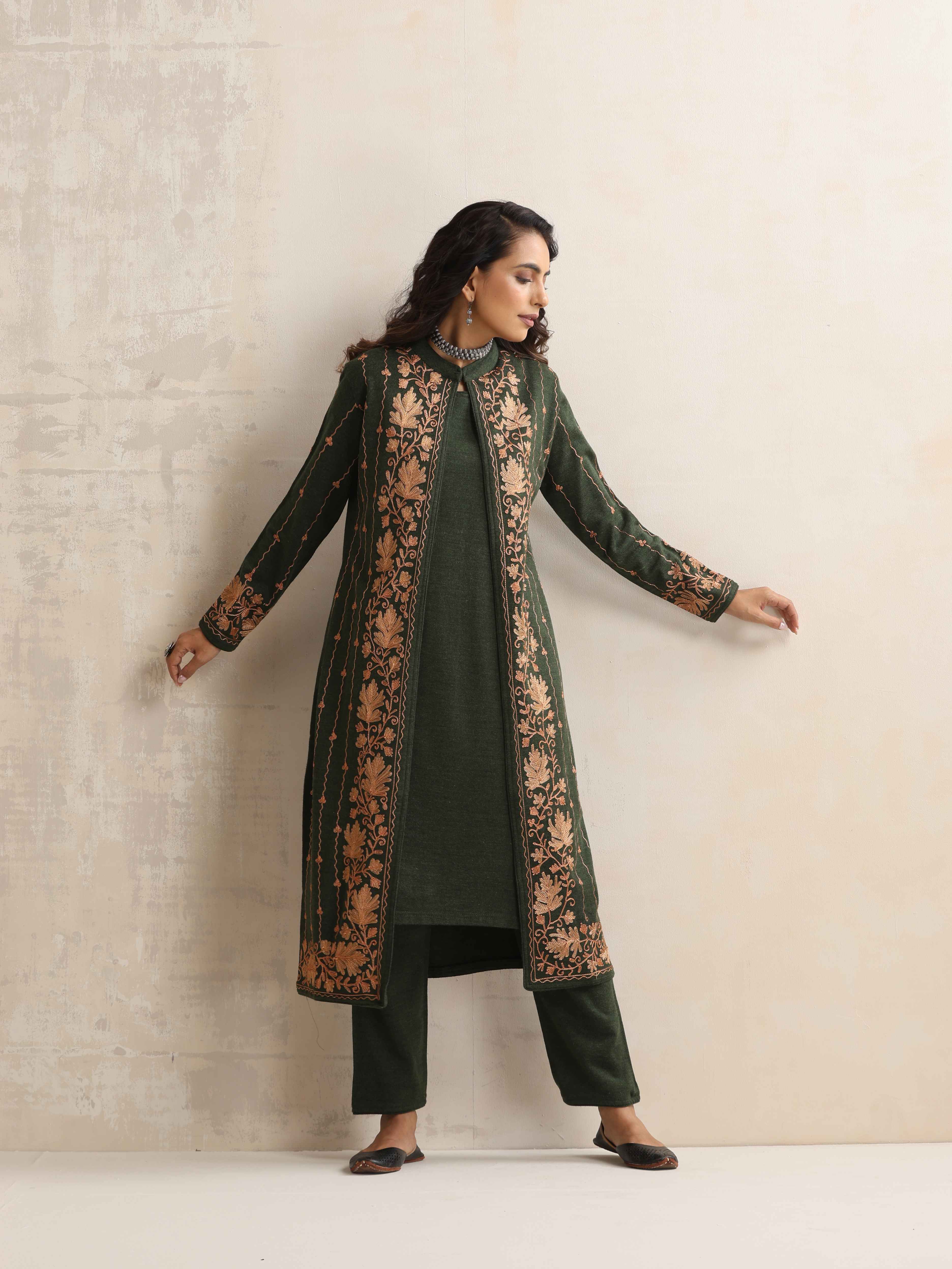 trueBrowns Green Kashmiri Woollen Jacket 3pc Set - view 2