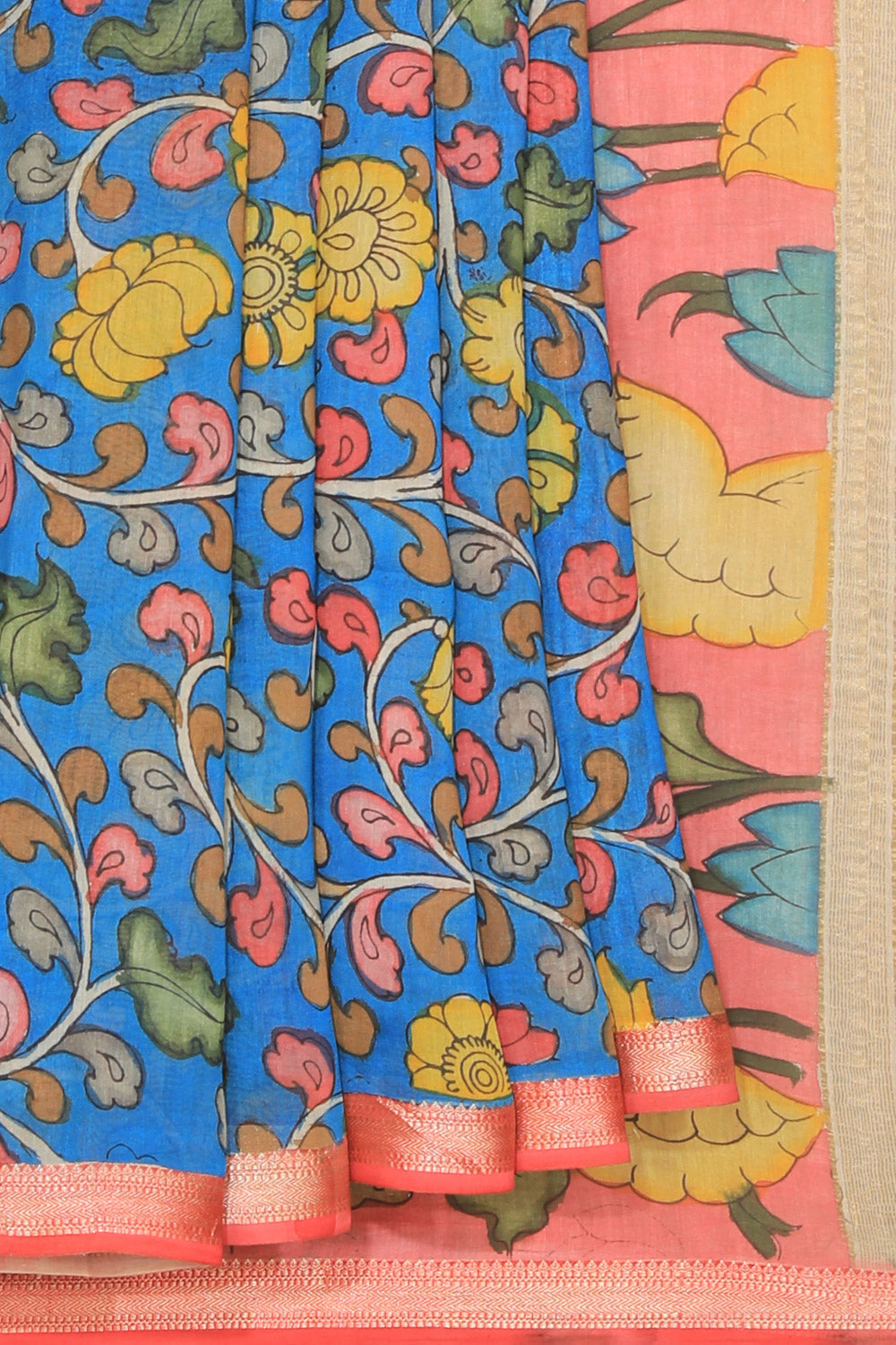 Kalanjali Kalamkari Hand-Painted Blue Saree – Women's