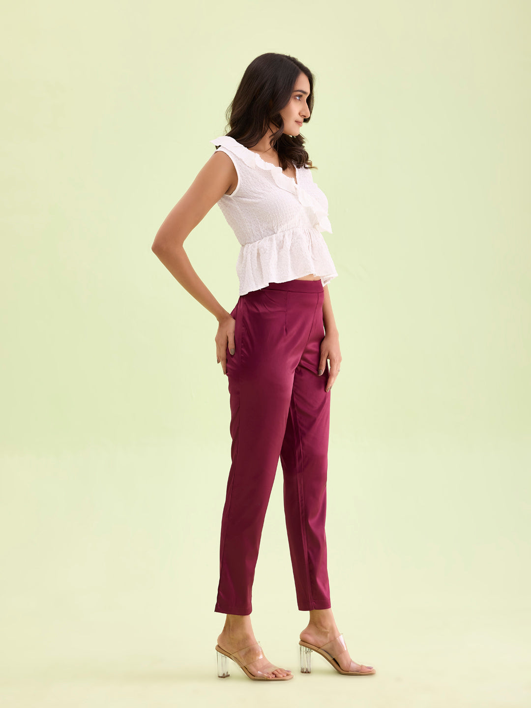 Go Colors Women Solid Mid Rise Dark Wine Shiny Pants
