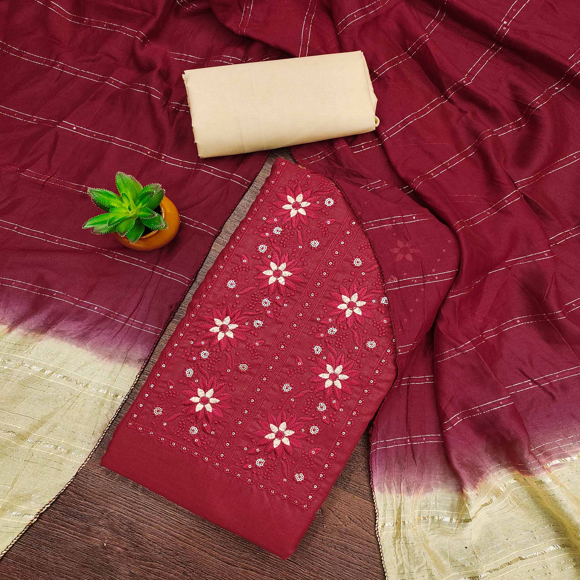 Peachmode Maroon Floral Sequins Embroidered Slub Cotton Dress Material